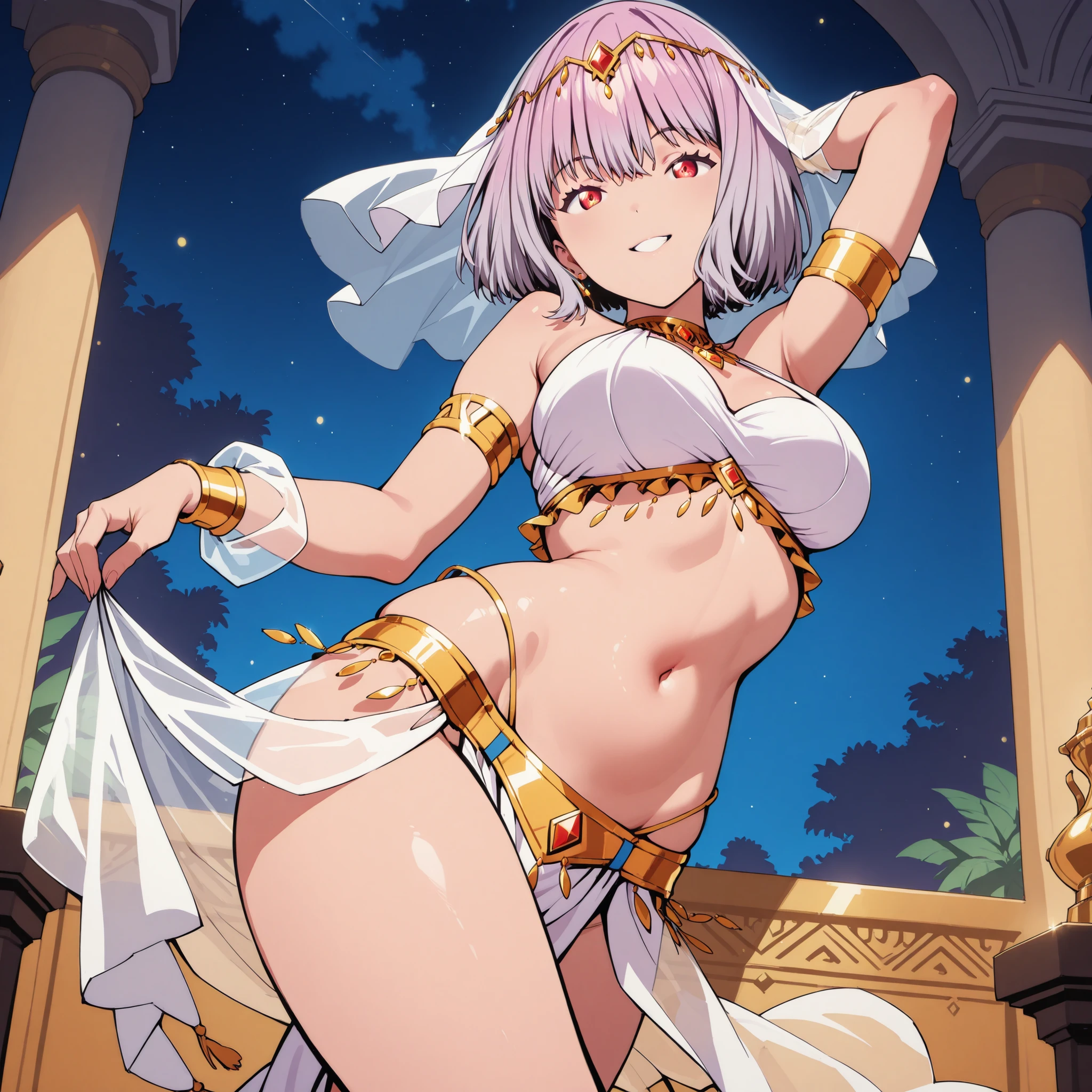 (1girl:1 . 5) , (Seul:1 . 5) , score_9 , score_8_haut , score_7_haut , source_anime , Official work , ultra-detailed , masterpiece , best quality , high res , beaux yeux , detailed eyes , detailed face , beautiful detailed eyes ,SSSS Gridman,Shinjo Akane, Arabian Clothes , Arabian Dancer ,belly dancer costume ,golden jewelery,armlet, belly dancing,night,arabian garden, seductive smile, dancing with veil, dynamic movement, seductive pose,sexy pose