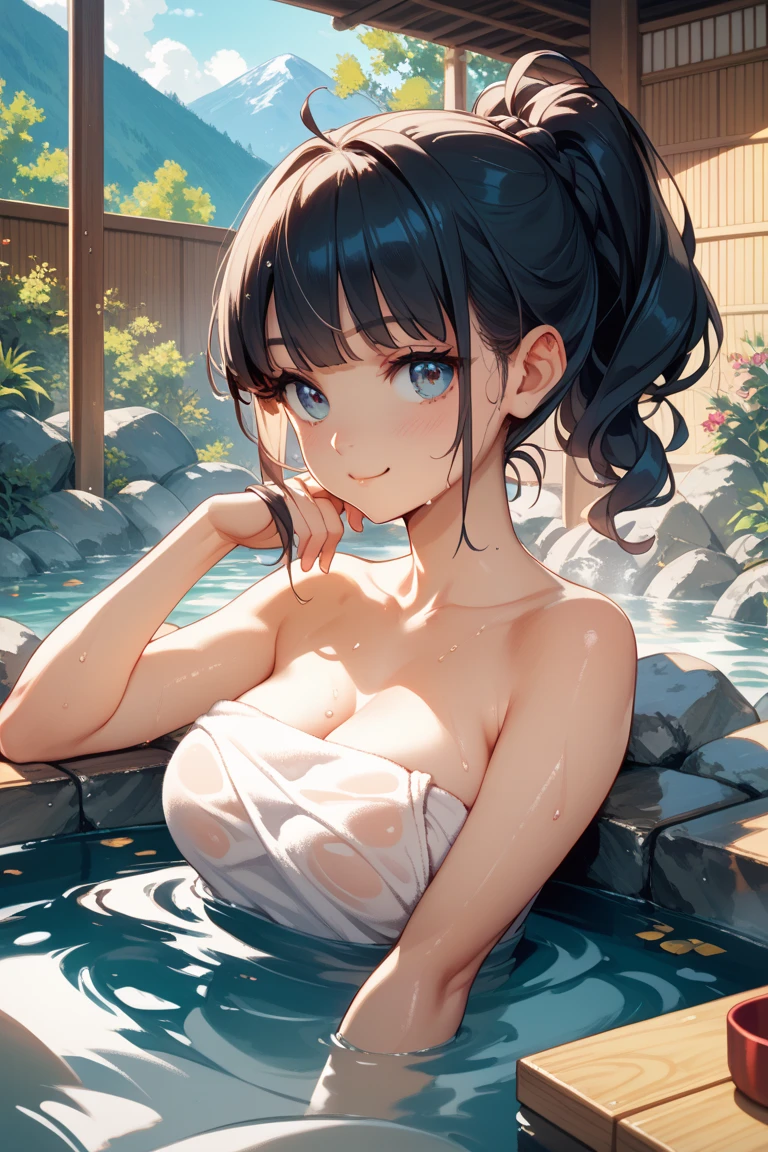 The hot spring is steaming,,slender posture,Angelic faceesmerizing eyes。After soaking, Real water flows from beneath the hot springs,Soap suds clog,looking toward the viewer,The face is red,Put your hands behind your back,A mature woman,Colossal ,Turn a blind eye,Close one eye
