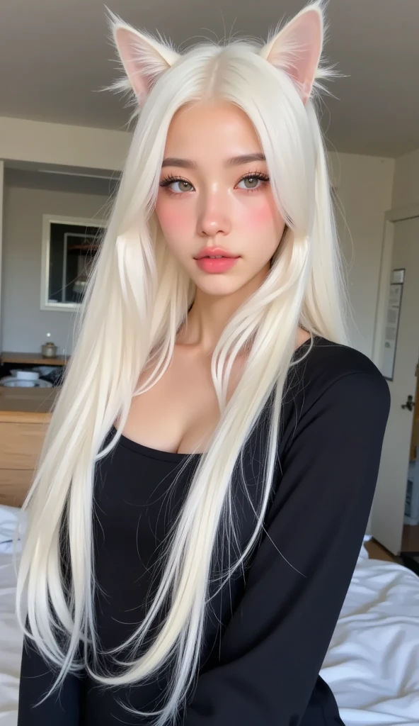 Mujer rubia con orejas de conejo y sujetador blanco posando para una foto., with pelo largo blanco, with pelo largo y blanco, extremely pale blonde hair, very very pale blonde hair, su cabello es blanco, pelo largo y blanco, pelo largo blanco, ava max, con pelo largo y rubio, pelo largo y blanco and bangs, pelo largo y liso blanco, chica perfecta de pelo blanco, pelo lacio blanco