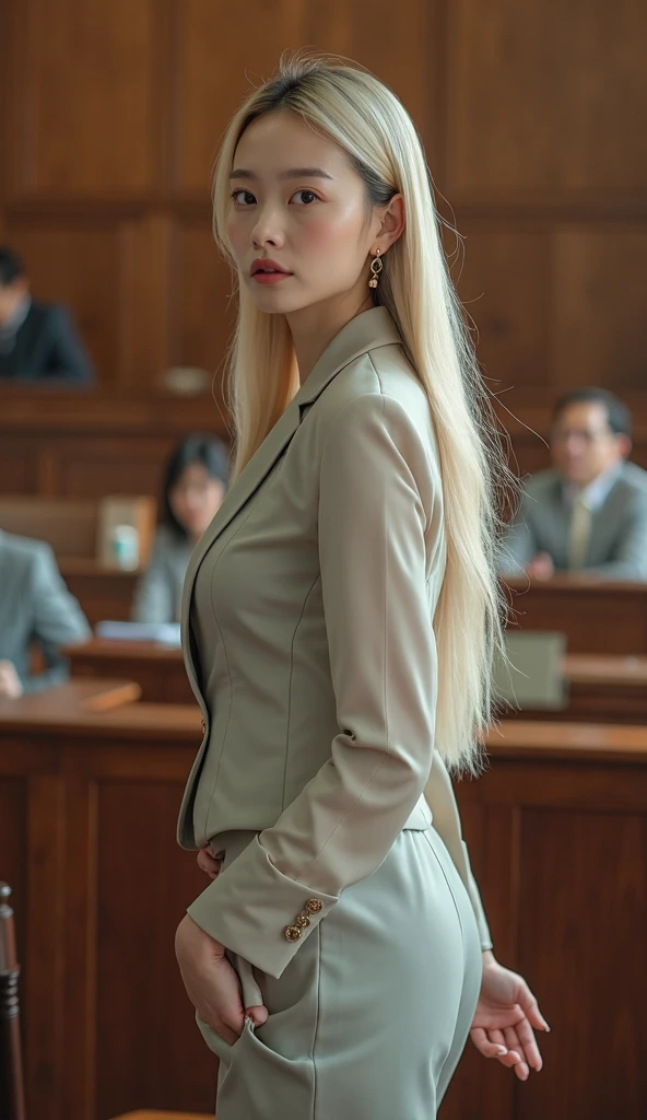 1 Girl, model,Long blond hair, Stylish hairstyle,medium cleavage,Standing in the subway, Business suit,Photo poses,Black school modern, Beautiful long legs,Sexy high heels,Japanese style