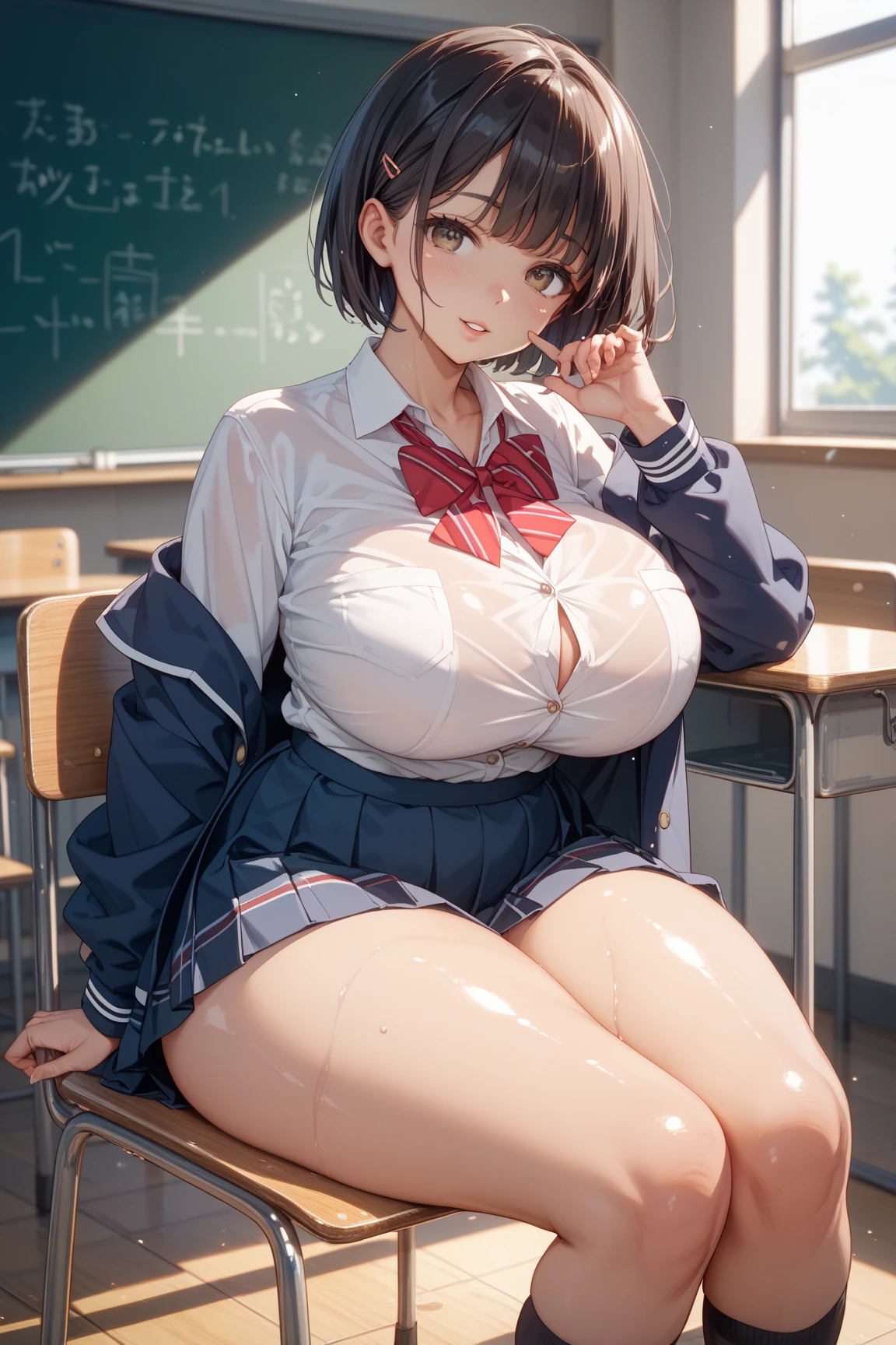 (highest quality、In 8K、32K、masterpiece、nffsw、超A high resolution、Impressionism、huge breasts, Photoreal:1.2)、Angle from above、high angle、big breasts、cowboy shot, detailed face and eyes、 inside the classroom、School、sunset、beautiful face、blurred background、16 year old beautiful girl、shiny skin、length、beautiful black hair、dull bangs、invincible smile、gray eyes、sailor suit、pleated mini skirt、curve、stand on one knee、spread your legs、(lure)、((look of contempt))、Chubby、((plump body))、((plump face))、((plump body))、((plump face))、((plump body))、((plump face))、((plump body))、((plump face))、((Growing thighs))、((Growing ))、((Growing thighs))、((Growing ))、((Growing thighs))、((Growing ))、((Growing thighs))、((Growing ))、((Growing thighs))、((Growing ))、((Growing thighs))、((Growing ))、((Growing thighs))、((Growing ))、((Growing thighs))、((Growing ))、((show panties))
