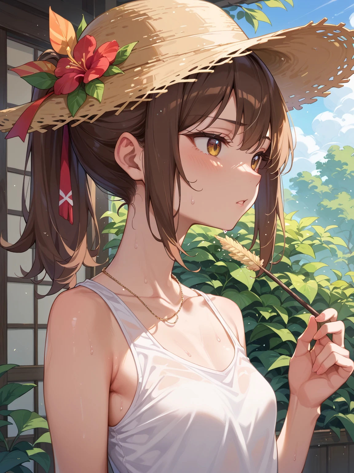 ( Masterpiece:1.5), ( Best Quality:1.5), ( Ultra Detail:1.5), Illustration, (1 Girl:1.5), (Solo:1.5), Manga, Anime, Character, Watercolor, Daylight, Summer, Sunshine, Backlit, Short Hair, Brown Hair, Orange Hair, Misanga, Glossy Skin, Brown Eyes, Hair Between Eyes, Straw Hat, Sleeveless, White Dress, Pale Pink Lips, Mouth Slightly Open, Popsicles, Have Popsicles, Cowboy Shots Hyper Detail, Sky, Beautiful Sky