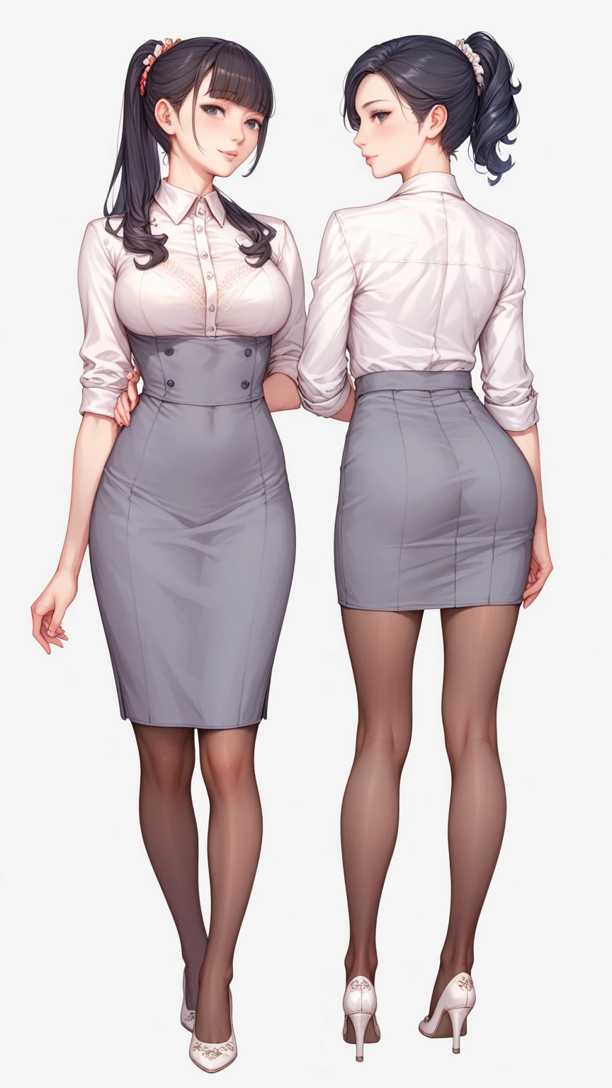 photorealistic,and sharp focus,Highly detailed, masterpiece, ultra-detailed, illustration, best quality,Full body,((2 girls)),(Stand side by side),((1 girl Body facing forward)),((other girl Body back facing forward)),bangs, glasses, bob cut,BDSM,blush,black collar,arms behind back,bondage,neck lock in a black collar,hands behind her back in an anti-prayer posture,wrist attached to her collar with a piece of chain , Large window, City view outside window, white shirt, breasts apart,jewelry, ((huge breasts)),Black long pencil skirt, black stiletto heels