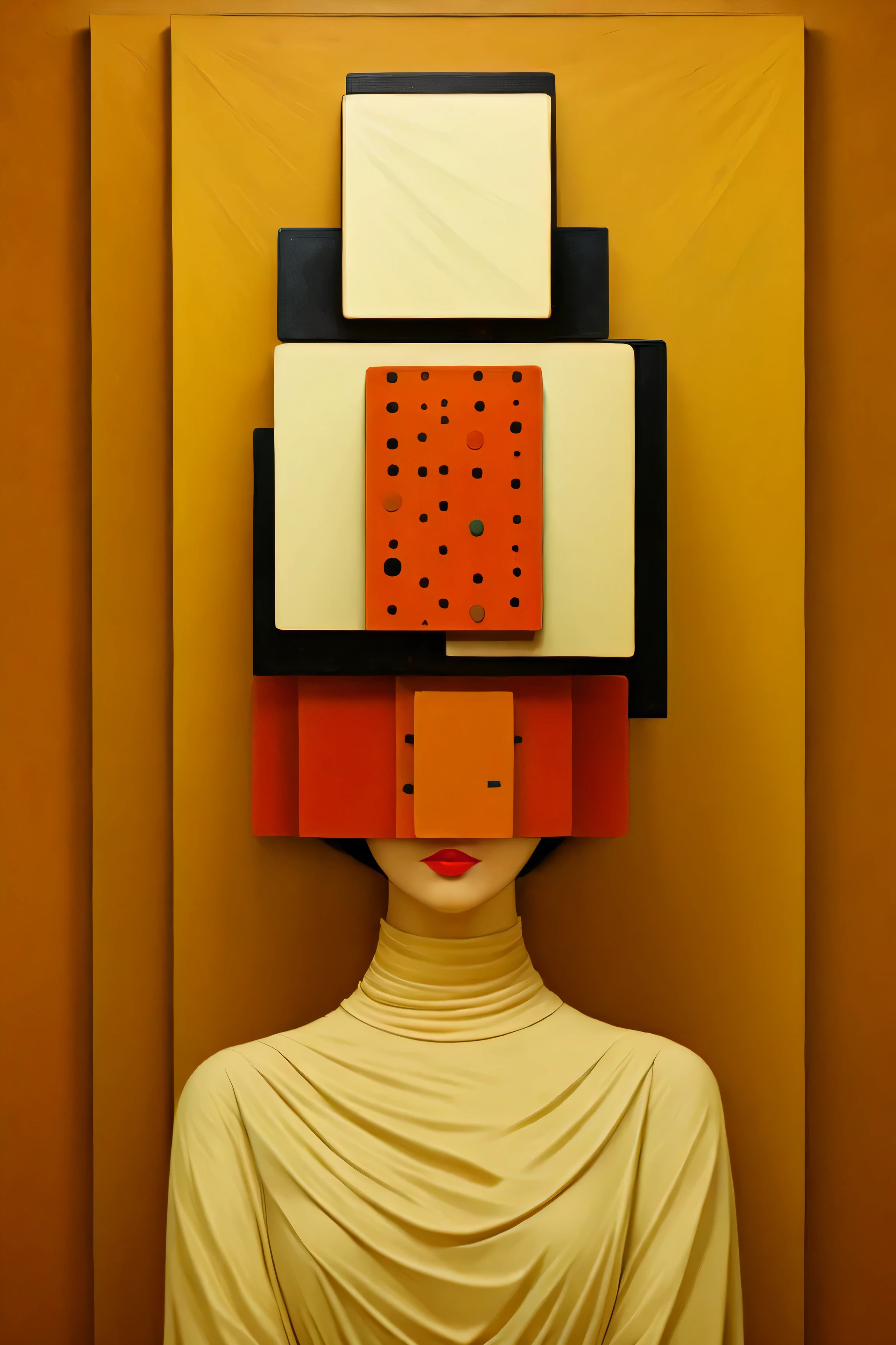 KAZIMIR MALEVICH STYLE,<lora:FF-Style-Kazimir-Malevich-v2.LoRA:1>,
Suprematism,Cubism,Geometric Abstraction,
Stylized portrait of a woman with geometric shaped flowers wrapped around her head,geometric 3d rendering,high quality artwork,dan mumford tom bagshaw,2d illustration,by Adam Chmielowski,2016,art deco painting,pj crook,incredible digital art,stefan koidl,and yellow color scheme,1956. Geometric shapes,cream background,