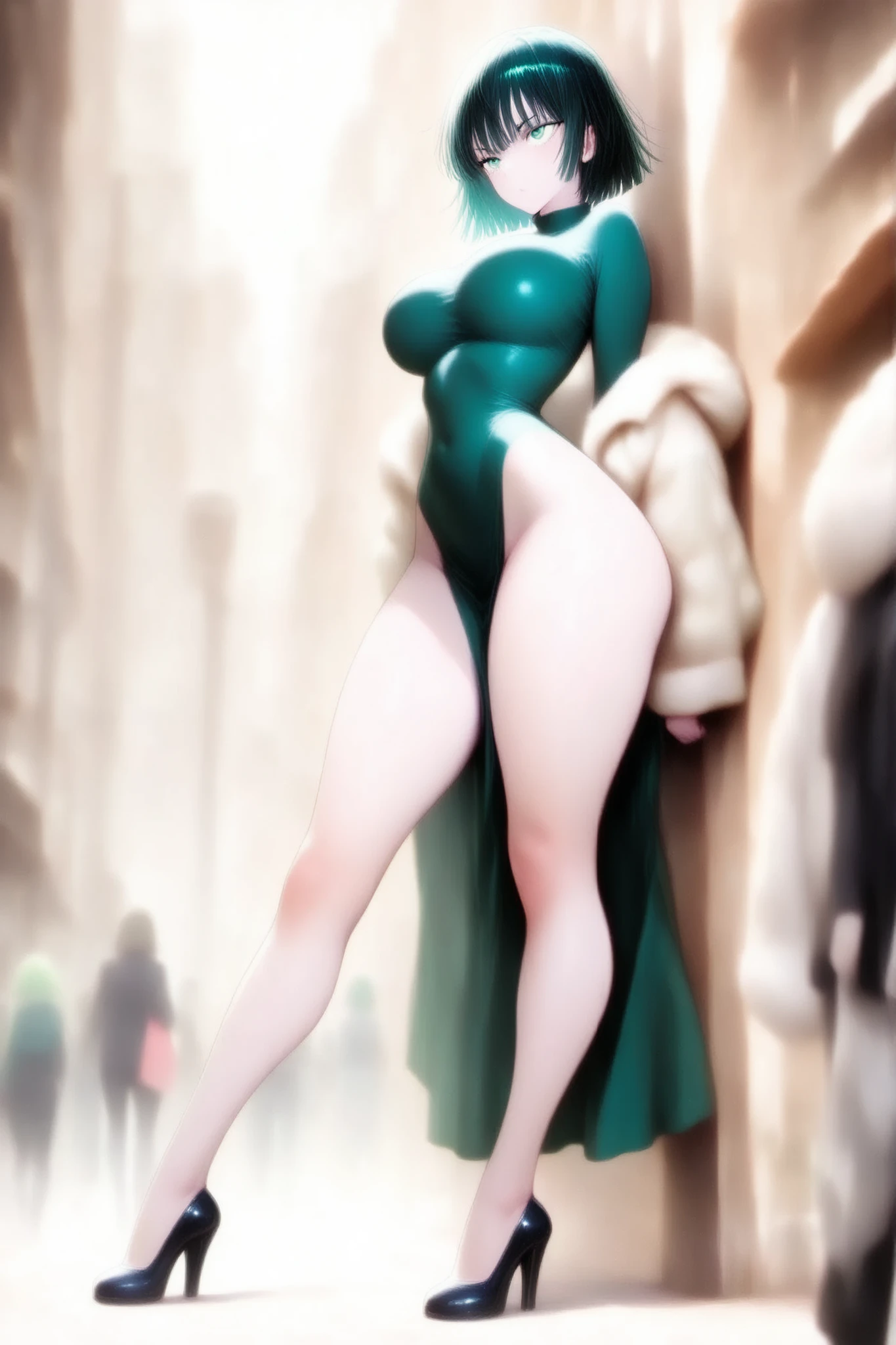 Create Fubuki from One Punch Man, who is a girl with white skin, has short green hair just like her eyes, wears a long green dress with a wool jacket that she puts on her back and black shoes, has big breasts and big , good hips and incredible legs 