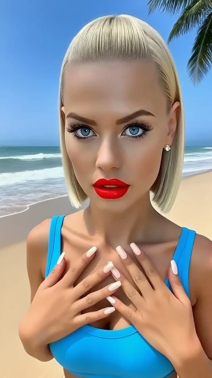 Pov view, corpo inteiro, na praia , (Melhor Qualidade, 8k, 32k, Obra-Prima, UHD: 1.5), Photo of Attractive Bruxa Woman, 1 Menina, (Peitos gigantescos: 1.2), (short hair), tattoos, blonde, bikini, Abs, Corpo Perfeito, Rosto Ultra Detalhado, Detailed Lips, Olhos Finos, 二重まぶた, (Sedutor), ((Excitado: 1.5))