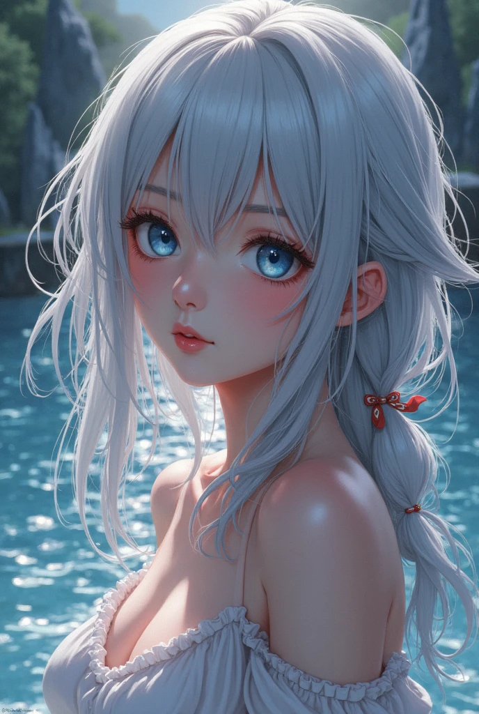 (best quality, masterpiece:1.2), ultra high res, realistic, front lighting, intricate detail, Exquisite details and textures, 1girl, solo ,(young), face highlight, upper body, detailed face, tear mole, white skin, silver hair, ponytail, braid hair, looking at viewer, big eyes, silk robe, (hollow pattern, white, silk), blue stripe bikini,earrings, small breasts, slim body, natural lighting, photon mapping, radiosity, physically-based rendering,waterfront background