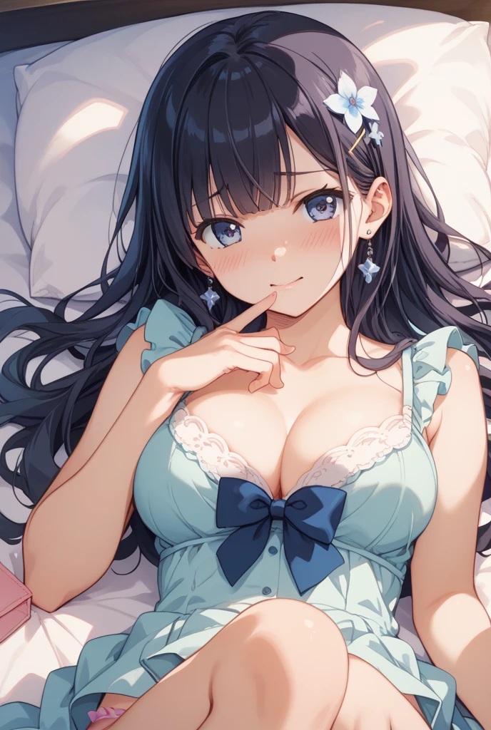 masterpiece, best quality, ((최상의 품?)), ((걸작 작품)), (상세한), 완벽한 얼굴, Black hair, blue eyes,large breast,Green Yellow lingerie, Green Yellow underwear, Green Yellow bra, sexy, smile, a hotel bedroom, ??? in pussy, breast milk, sexy, bed,smile