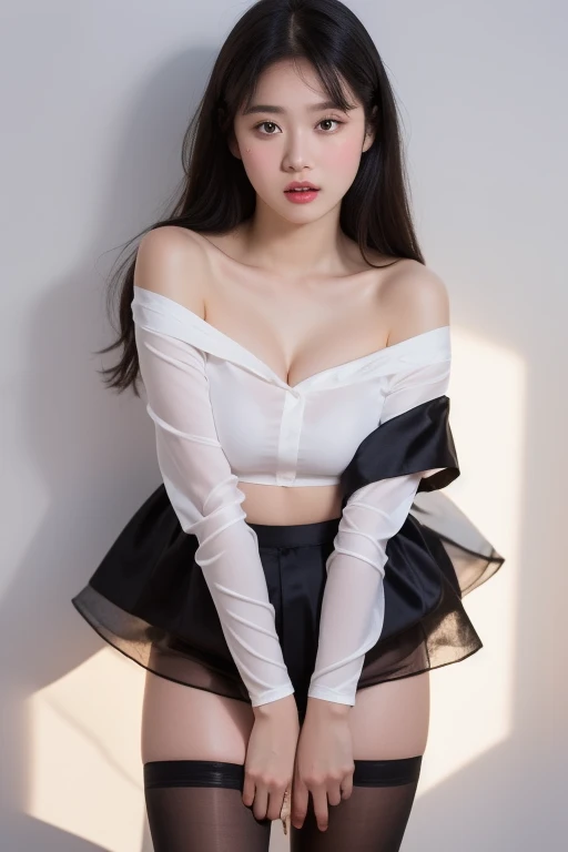 Realistic, High resolution, 1 girl, black wavy hair, heterochromic eyes, small moles under the eyes, white shirt, black pleated skirt, visible chest line, long legs, tight abs, dynamic posture, catwalk Deep V Visible chest line Black pleated skirt Jacket reveals white bra Reveals belly button