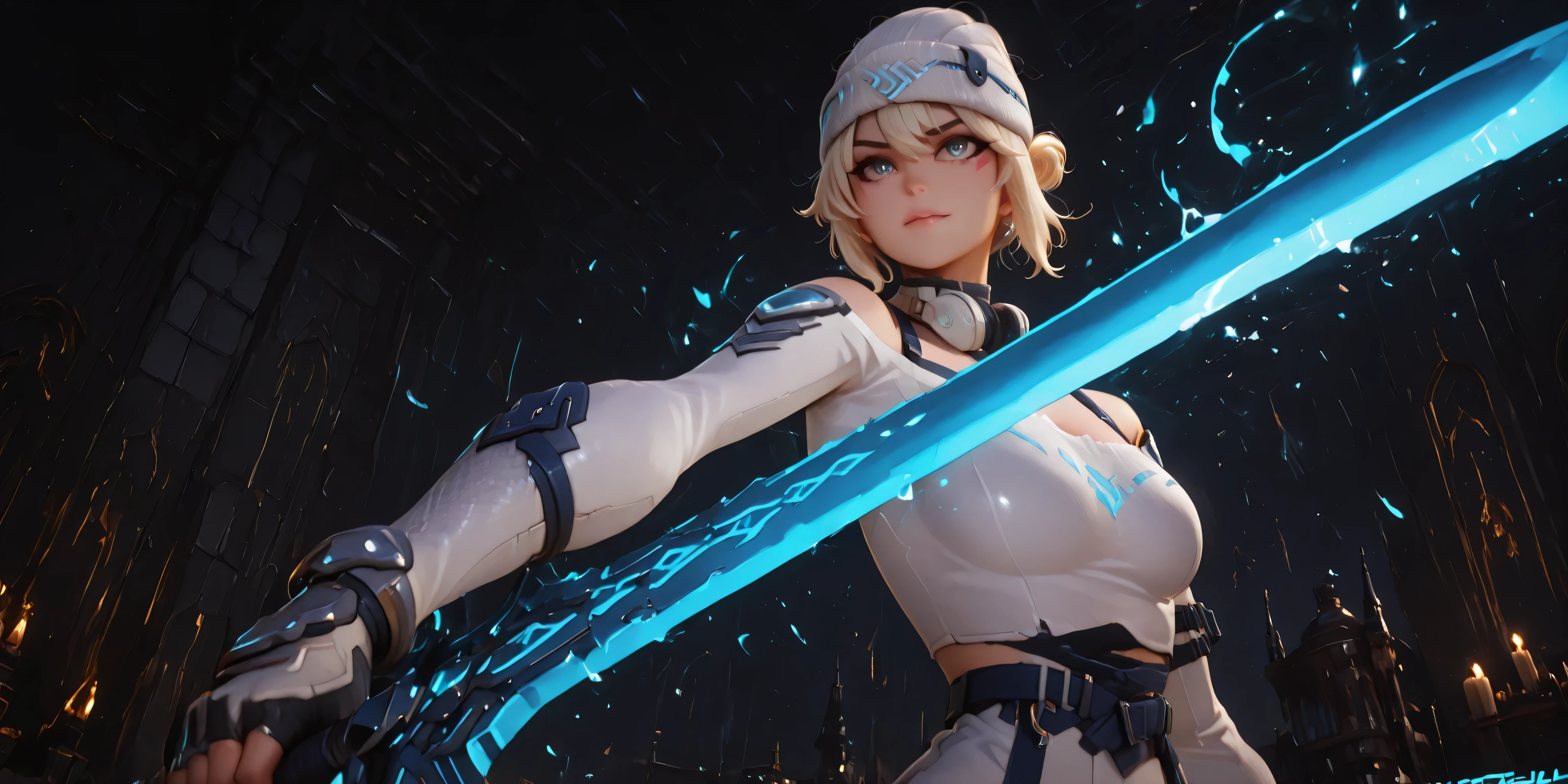 masterpiece, high resolution, 4k, best quality, solo female character, SAME as Kiriko K-pop (inspired by LE SSERAFIM Blue Frame), stylish white beanie, ultra-detailed, alone, light blonde hair with gray tones, short hair SAME as Kikiko (LE SSERAFIM), blue eyes, confident and slightly sadistic expression, fair skin, youthful curves, sensual pose, white coat tied at the waist, white long-sleeved blouse SAME as Kikiko (LE SSERAFIM) Realistic, solo character, black greatsword, markings SAME as Kikiko (LE SSERAFIM) on her face (but in a light blue tone), attacking pose, pose as if she were attacking, big breasts, black background, smiling provocatively