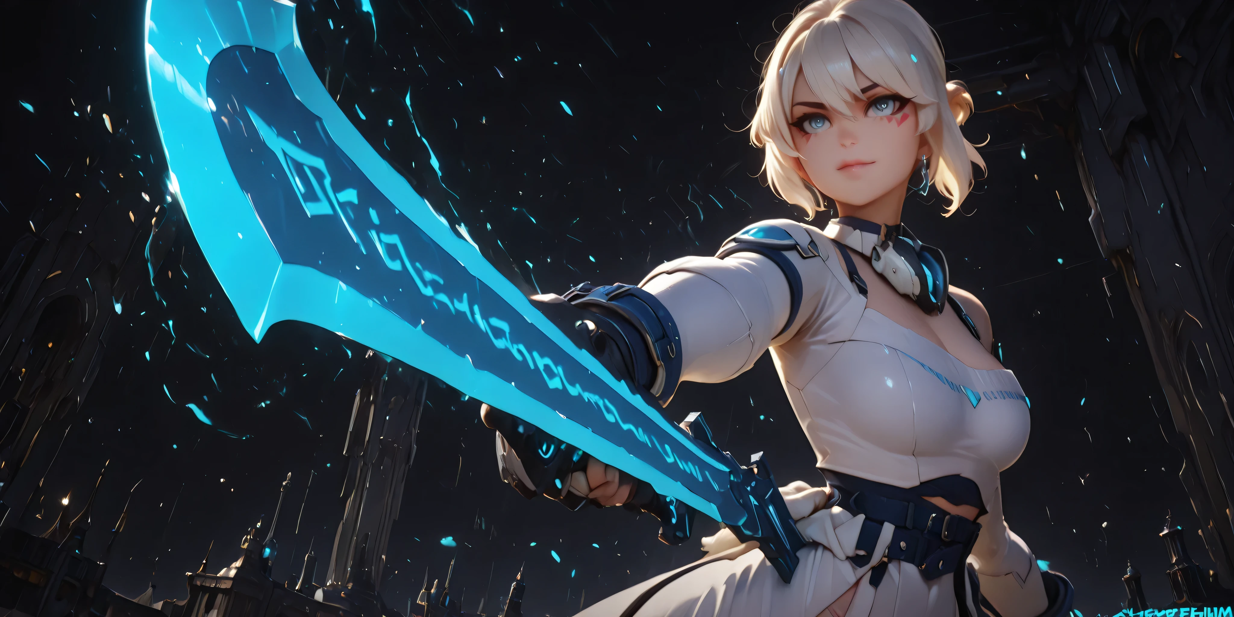 masterpiece, high resolution, 4k, best quality, solo female character, SAME as Kiriko K-pop (inspired by LE SSERAFIM Blue Frame), stylish white beanie, ultra-detailed, alone, light blonde hair with gray tones, short hair SAME as Kikiko (LE SSERAFIM), blue eyes, confident and slightly sadistic expression, fair skin, youthful curves, sensual pose, white coat tied at the waist, white long-sleeved blouse SAME as Kikiko (LE SSERAFIM) Realistic, solo character, black greatsword, markings SAME as Kikiko (LE SSERAFIM) on her face (but in a light blue tone), attacking pose, pose as if she were attacking, big breasts, black background, smiling provocatively