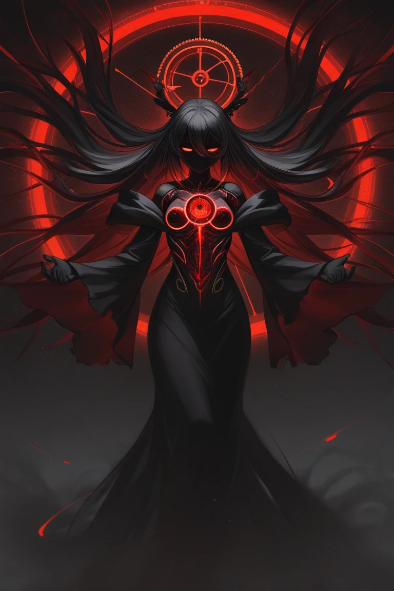I want you to create the image of a woman, she has long dark hair and two dark horns on her forehead, red eyes and dark pupils, its entire body is covered in darkness with small red details, she has a toned physique with voluminous thighs and large pecs, Your whole body is covered in darkness, except your pale face, She is strong and slender, a dark red aura over her body as she holds her human heart in her palm but it is completely dark and has red veins