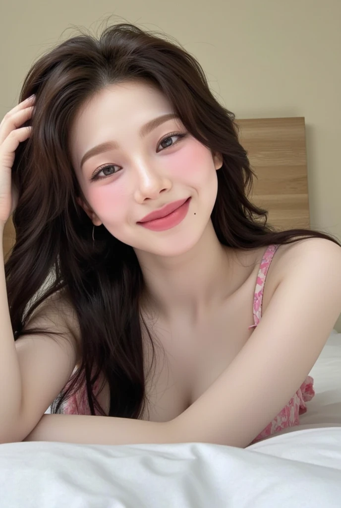 ((Realistic Light, Best Quality, 8k, Masterpiece: 1.3)), 1 Girl, Slim Body Beauty: 1.4, Brown Hair, (((Super Big: 1.3)), Off-Shoulder Cut Top: 1.3, Ultra Detailed Face, Detailed Eyes, Double Eyelids, Own Room, Smile, Cleavage, Saggy Breasts, (((Sagging Breasts)), (((Beauty)), But I am hotter when my morning hair's a mess, sleeping face,