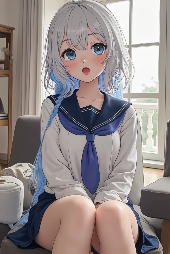 Silver-haired blue eyes、 girl、small breasts、twin tails、smile、gal girl、wearing cute earrings、uniform、knit cardigan、With highlights around the eyes、cute hairpin、I can see the whole body、A childhood friend who came to wake me up in the morning