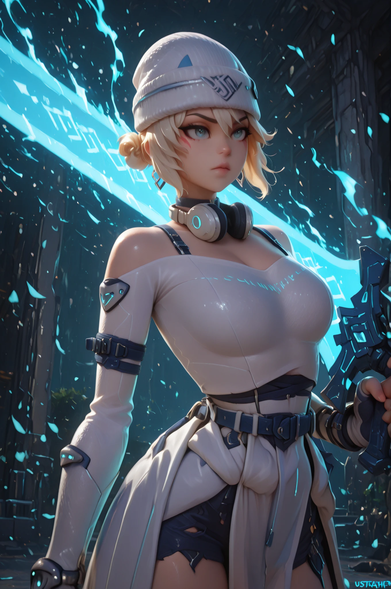 Rev1, masterpiece, high quality, high resolution, high texture, 8k, beautiful 18 year old woman with dark skin and blonde hair, bob cut, (((dark_skin:1.2))), tired eyes, blushing cheeks, rosey lips, dark eyeliner, large breasts, ((white blouse, unbuttoned:1.2)), ((puffy jacket, unzipped:0.8)), plaid skirt:1.2, fur thigh high stockings, ((white panties:1.0)), (((camel toe:1.0))), snow boots, earmuffs, suspenders, sexy pose, seductive pose, fashion model pose, laying on back, legs spread apart, thighs spread apart, shot from above, snow covered forest, frozen river, daylight, sunshine, subsurface scattering, volumetric lighting