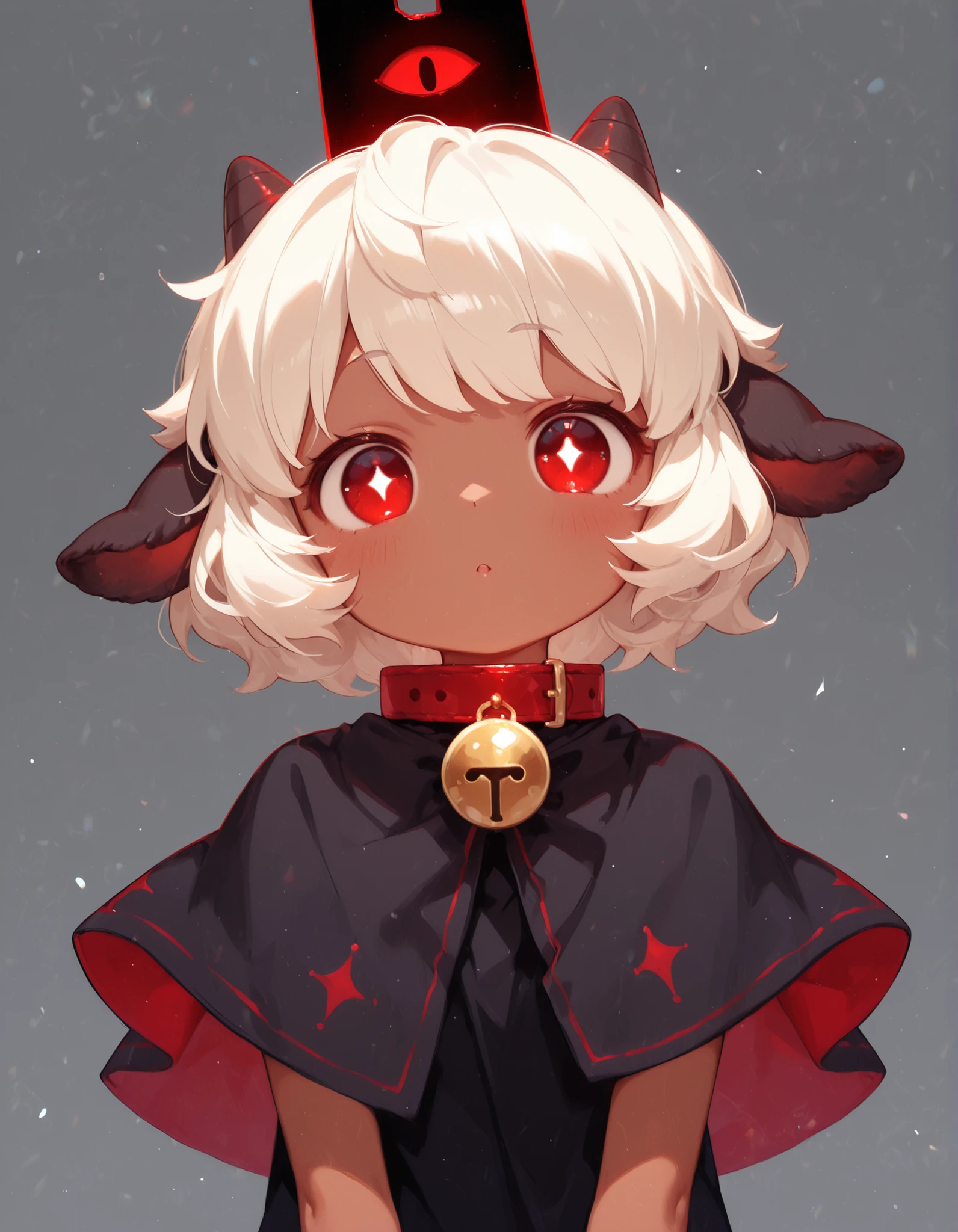 masterpiece, best quality, very aesthetic, 1girl, solo, cult of the lamb, sheep girl, collar, horizontal pupils, red/black eyes, red crown,