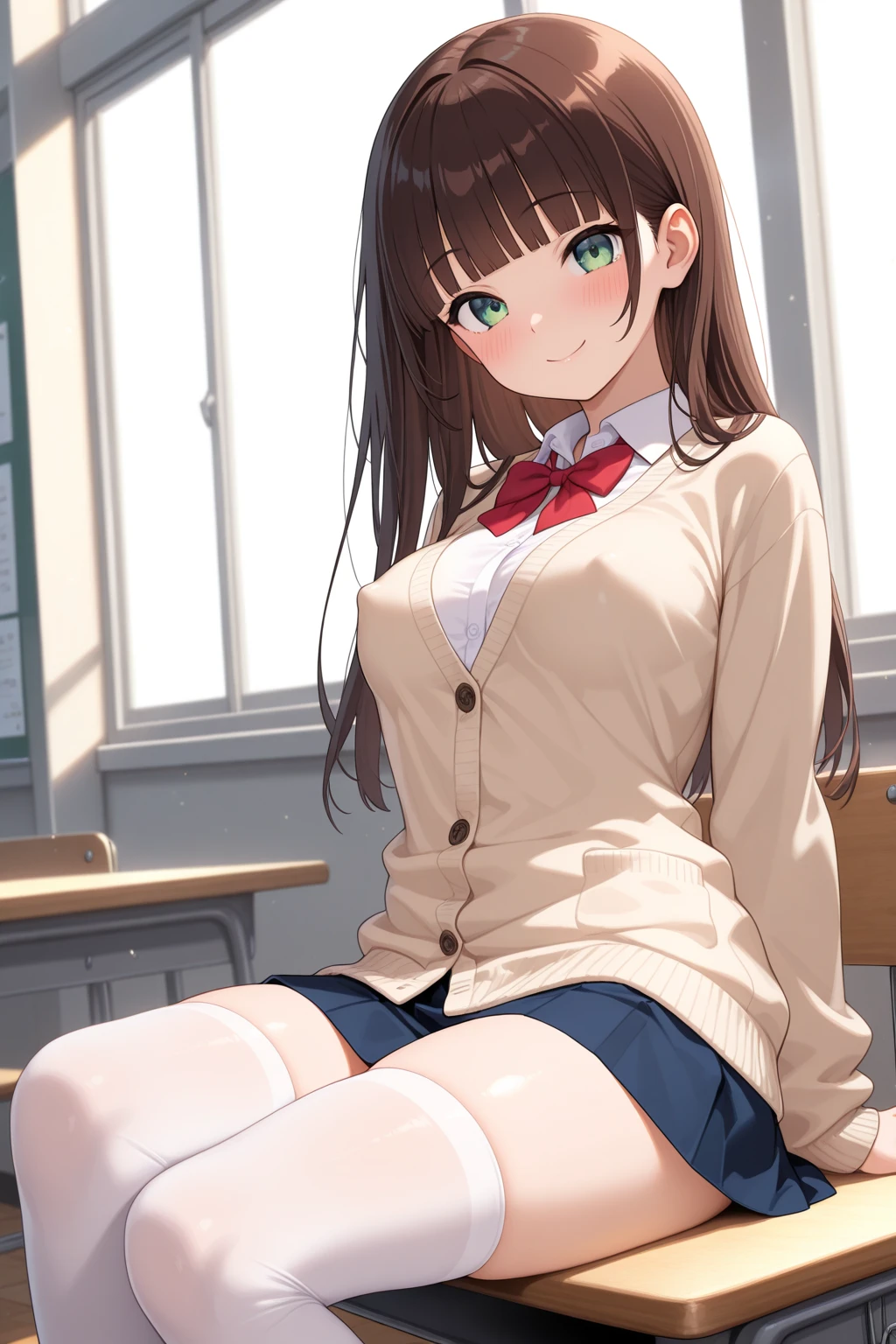 ((masutepiece, Best Quality, hight resolution, nffsw, Perfect Pixel, depth of fields, 4K, )), 1girl in, Solo, , Beautiful anime girl, Beautiful Art Style, monika, green eyes, brown hair, very long hair, ponytail, hair ribbon, white ribbon, blazer, brown sweater, collared shirt, neck ribbon, blue skirt, ,
squatting:1.3, livingroom background, Looking at viewer.
Perfect body, large breasts, Full face blush, grin smile,
straight-on:1.5, very low angle:1.3,
