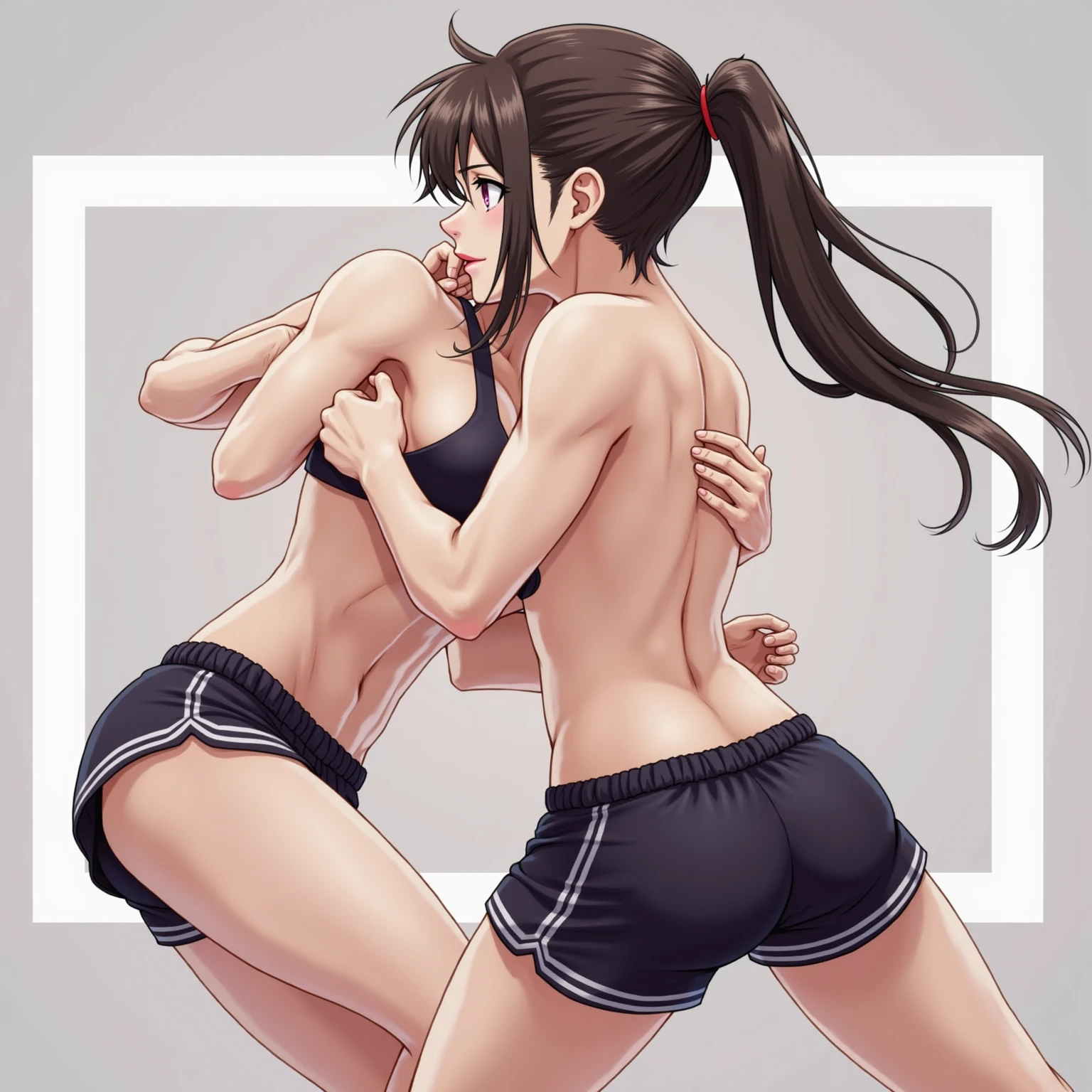 2 girls、fitness wear, shortspats、Sportsbra、Tank Tops、masterpiece、top-quality、realisitic、Hyper-detailing、(Glossy skin、be sweaty:1.4)、absurderes、Looking at the camera、short dark hair、Brown-eyed、A slender、动态照明、hight resolution、foco nítido、depth of fields、A detailed eye、Sharp eyes、Realistic eyes、(small tits:1.6)、(thick thight:1.0)、、Women's locker room、Locker Room、Shower room、Change of clothes、Half-undressed、Lower breast、pov from down、Full Body Display、Training Machine、Treadmill、Weight training、perspiring、moisture、punching bag、martial art、Boxer Size、Open Finger Gloves、shelves、punch、Spinning kick、Take off the bottom、Love Juice、A smile、red blush、teats、Clothing that shows through sweat、Kicking a punching bag、Punch to hit the ball、Covered with lotion、Muay Thai、catfight、Lotion Pro Wrestling、Climb into the ring、Spurling、Cross Counter、Martial arts、Command Sambo、Mount Position、Joint Technique、Upper Spinning Kick、Summer Salt Kick、emphasizing breasts、Take off your pants、