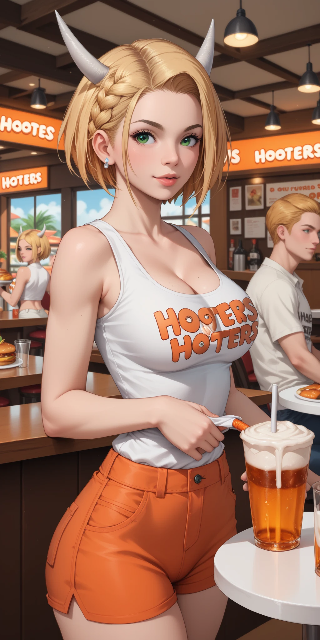 Mujer, (pechos grandes), ((corte bob recto)), ((cabello naranja)), (solo), sexy Orange hair, ((mcdonald's)), nude, desnuda, (((straight bob cut))) straight bob cut