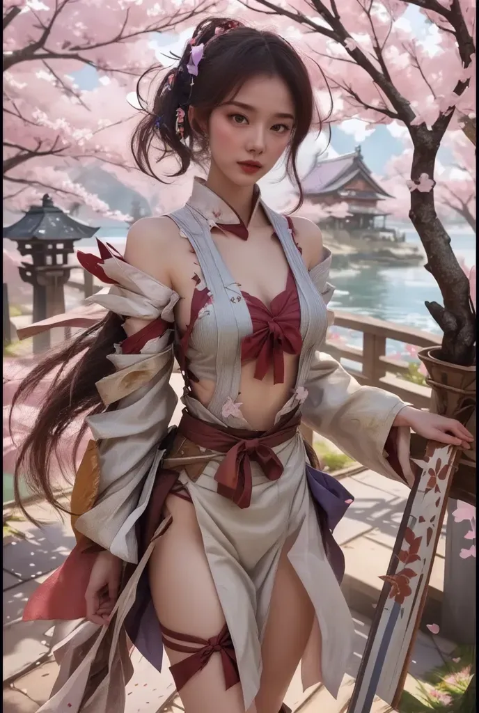 Busty warrior, clad in intricately detailed armor, wields a katana with grace and power beneath the blooming cherry blossoms. (Masterpiece, Best quality, 1.5) With every beat of her heart, her ample breasts swayed gently beneath her polished, meticulously crafted armor. The delicate patterns integrated seamlessly into the fabric, their beauty enhanced by the shifting lights of the dawn. Her strong, muscular arms, covered in red blush, held the elegantly curved katana, its edge glinting menacingly in the soft morning sun. Each petal of the cherry blossoms fell softly around her, landing on