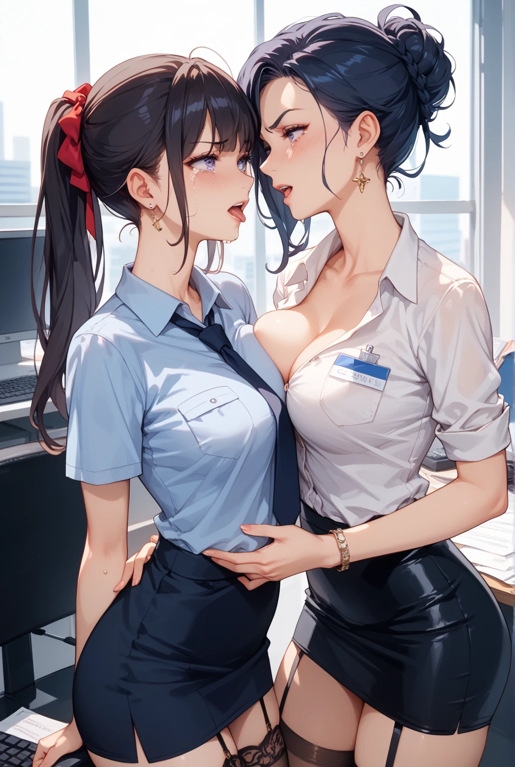 1girl, (office worker), head up shot, (loosening the collar, wide open, rough collar :1.6), (taking off her shirt), (from behind), (bareing breast:1.6), (voluptuous lips), smiling full of delight, smiling full of compassion , ((kissing face, incoming kiss:1.8)), half opened mouth, heart shaped pupils, blushed cheek, super beautiful, perfect body, medium large breast, thin eyebrows, top quality,(glossy black hair, extra short hair, bobstyle, straight bang), wearing business attire, it consists white frilled dress shirt, dark gray suit jacket and dark gray knee length tight skirt, the frill on shirt is very delicate and compilaced pattern, at a large office with a lot of computer, sunny outside the window, 8k, ultra detailed, masterpiece,