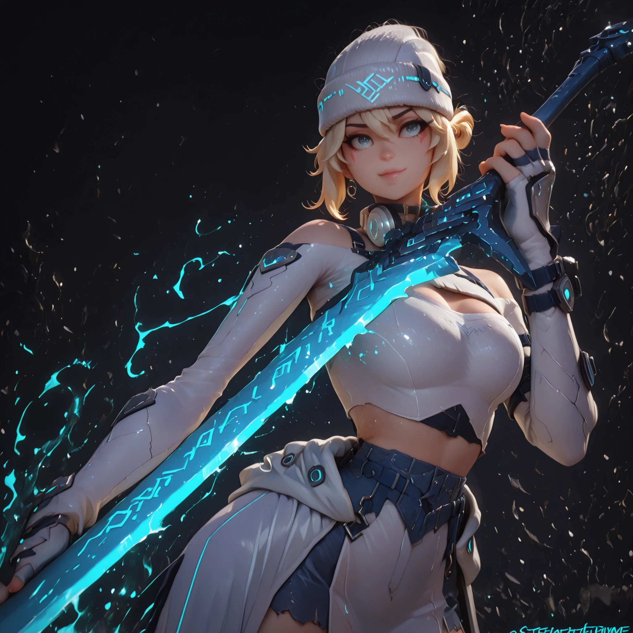 masterpiece, high resolution, 4k, best quality, solo female character, SAME as Kiriko K-pop (inspired by LE SSERAFIM Blue Frame), stylish white beanie, ultra-detailed, alone, light blonde hair with gray tones, short hair SAME as Kikiko (LE SSERAFIM), blue eyes, confident and slightly sadistic expression, fair skin, youthful curves, sensual pose, white coat tied at the waist, white long-sleeved blouse SAME as Kikiko (LE SSERAFIM) Realistic, solo character, black greatsword, markings SAME as Kikiko (LE SSERAFIM) on her face (but in a light blue tone), attacking pose, pose as if she were attacking, big breasts, black background, smiling provocatively