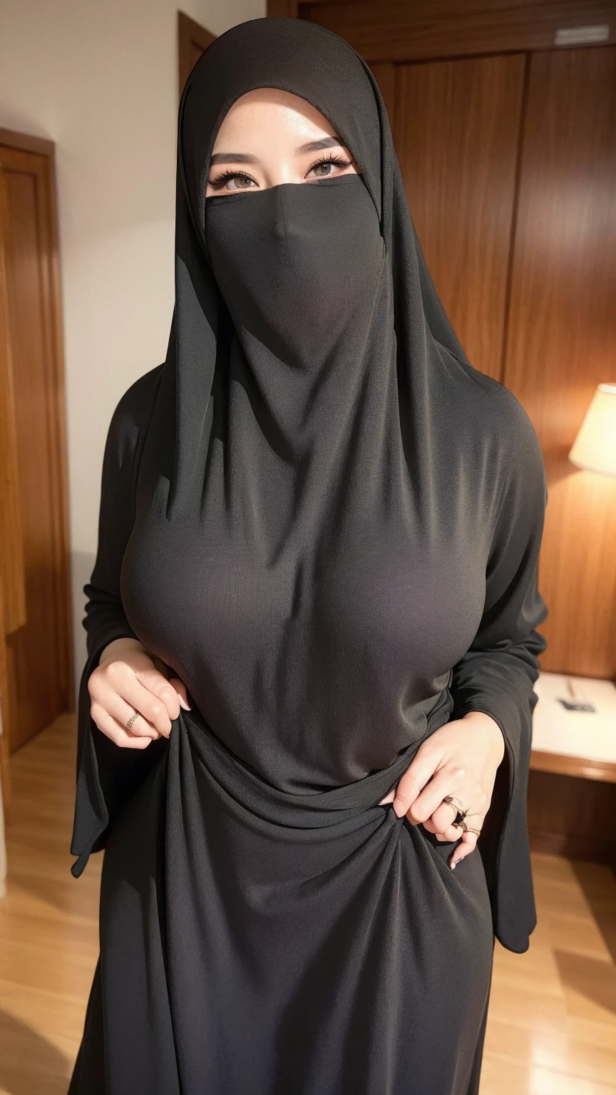 4K, high quality, nice lighting, soft lighting, realistic, dark eyes, sexy, big breasts, thighs, wide hips, muscular, malaysia, black dress, long sleeves, black hijab, Jewelry, sexy lady, asian, hijab, niqab, sexy pose, showing big thighs, nice body, natural largest breast, WEARING WEDDING RINGS