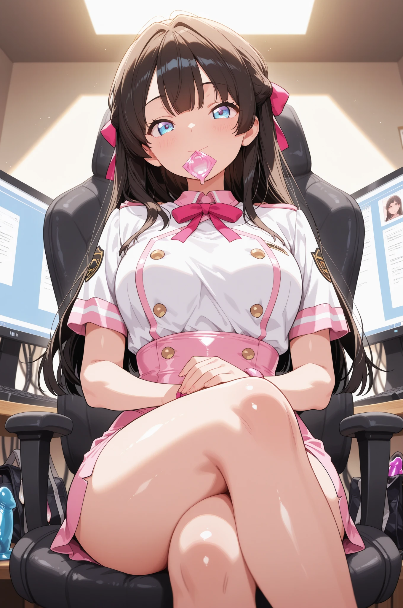 score_9, score_8_up, score_7_up, score_6_up, score_5_up, score_4_up, source_anime, absurdres, best quality, anime screencap, 1girl, 25yo, deep green eyes, double bun, twintails, frilled hair ornament, hair between eyes, sidelocks, long hair, gradient hair, platinum blonde hair, light pink hair, long eyelashes, eyeliner, ( stud earrings:1.4), C sized breasts,
all fours, licking penis, under table, , legs, office, office lady, pov crotch,
rating_explicit, flat color style, crisp,<lora:Smooth Anime 2 Style SDXL_LoRA_Pony Diffusion V6 XL:0.8>, <lora:xl_more_art-full_v1:0.8>