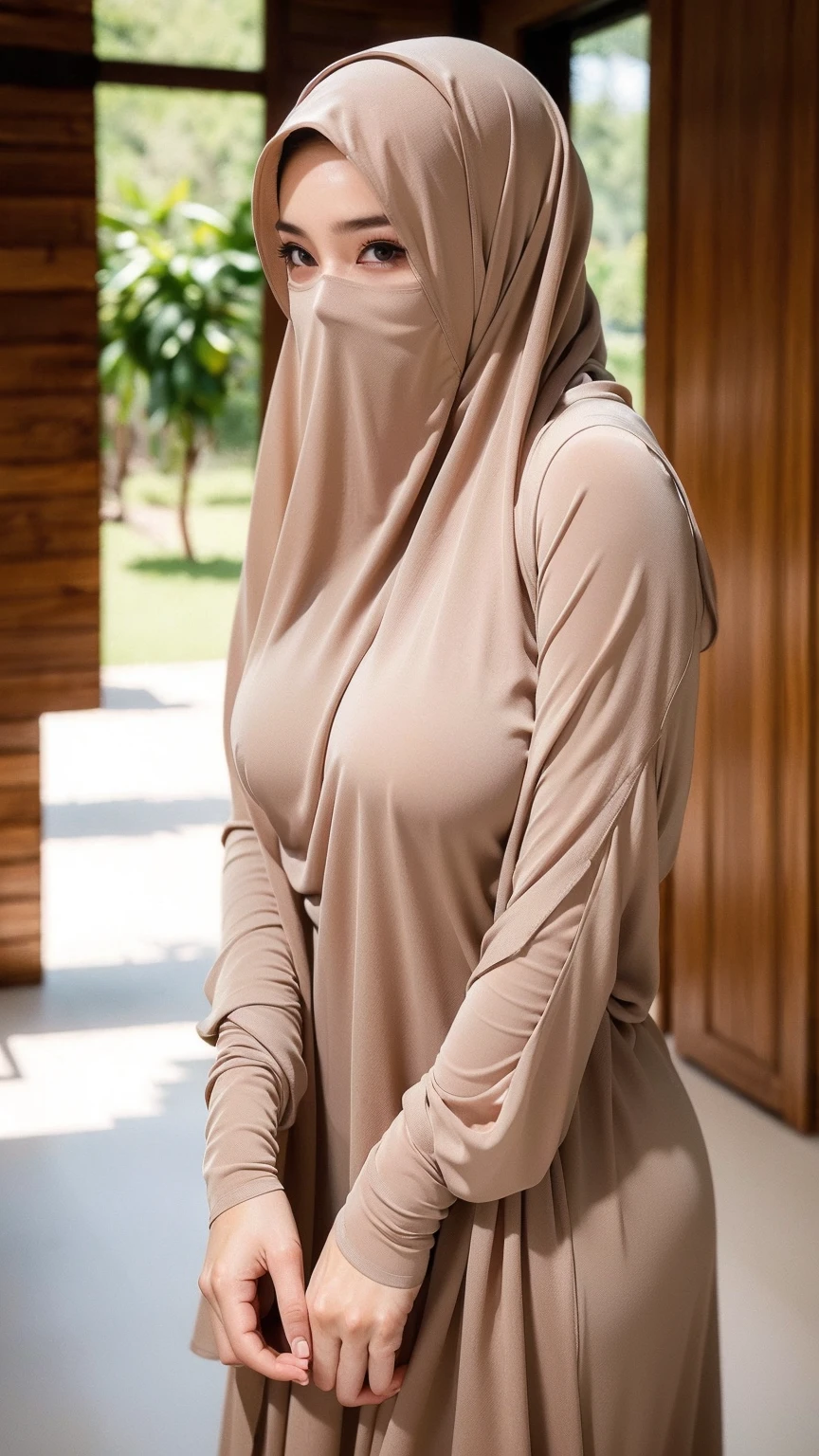 RAW, Best quality, high resolution, Masterpiece: 1.3), Beautiful Malay woman in hijab,Masterpiece, best quality,8k, brown eyes, perfect eyes,Huge breasts, big gorgeous eyes, Soft smile, wear loose long sleeve shirt and legging, in changing room, Excellent lighting, Bright colors, Clean lines