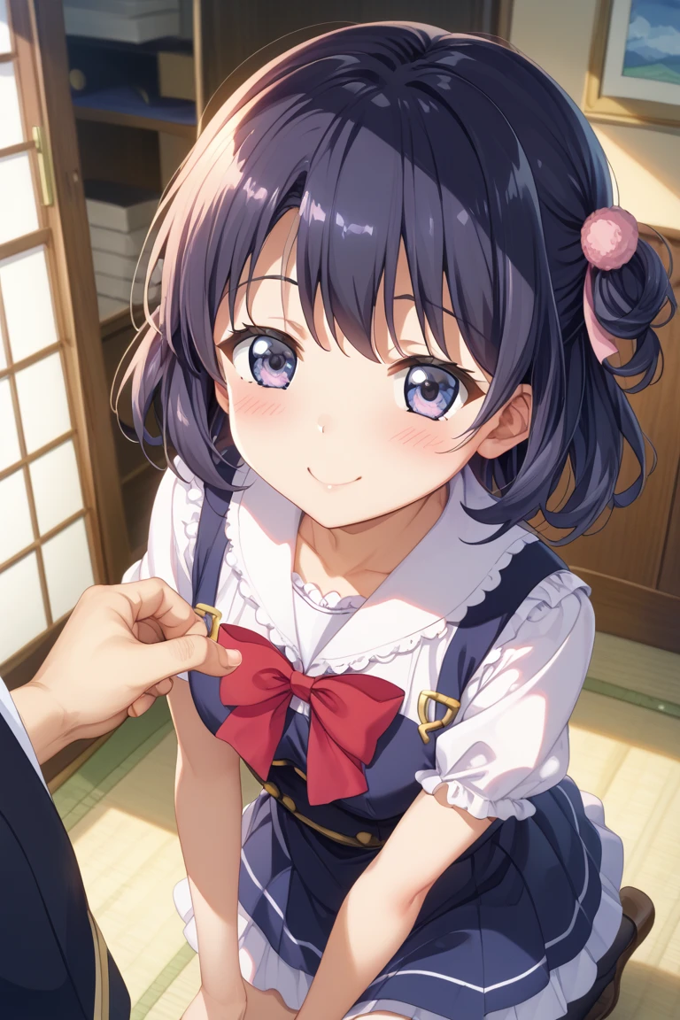 masterpiece, best quality,<lora:GoodHands-vanilla:0.7> <lora:anmnr01:0.3> <lora:add_detail:0.5>, 1girl,petite , <lora:KokoroKatsura:0.6>,KokoroKatsura, <lora:pov_arm_hug:0.6>,pov_arm_hug, hug arm,looking at viewer, blush, smile, 1boy, dress, sidelocks, outdoors, solo focus, from above, looking up,darkindigo hair,flower,