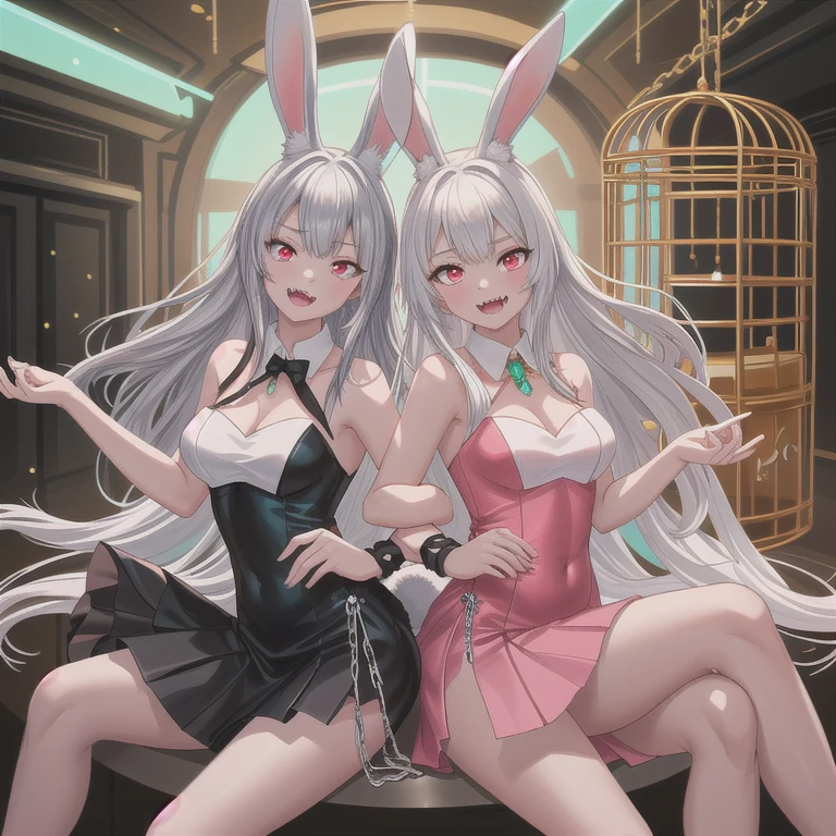 Woman-rabbit hybrid, with white hair and pink eyes, wearing a pink swimsuit, with a niece, in an oriental setting 