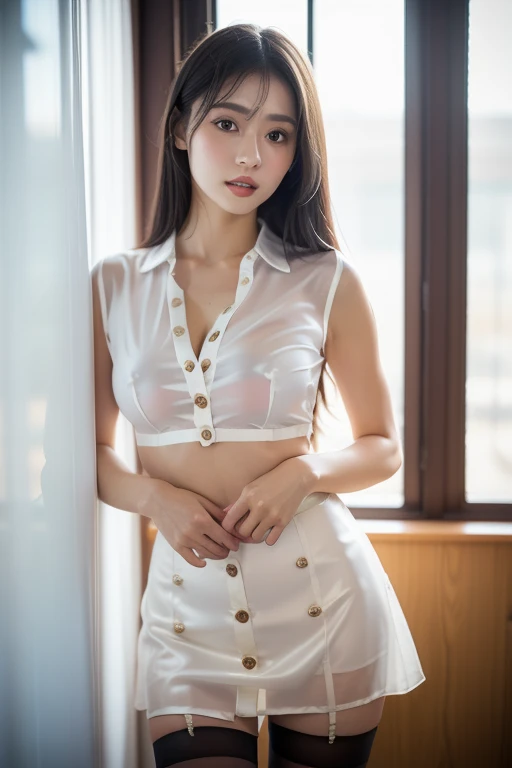 (8k,RAW Photos、RAW Photos、highest quality、Masterpiece:1.2)、１girl、１Middle-aged men、Very detailed、Super Resolution、(Realistic:1.3)、((Shooting from below)),((Cowboy Shot:1.4))、Clear depiction of light and shadow、High-resolution RAW color photos、Professional photography、((living room:1.4)))、Drawing faithful to anatomy、Very detailed and beautiful、super high quality、((girl with long hair:1.4))、((Girl standing in front of the door:1.4))、((White short-sleeved off-shoulder shirt:1.4))、((Cute high school girl:1.7))、((White short-sleeved off-the-shoulder chiffon dress:1.4))、((White chiffon micro mini skirt that accentuates thighs:1.4))、Upper Body、((Girl with a pochette on her shoulder:1.4))、((smile:1.4))、See-through:1.7、