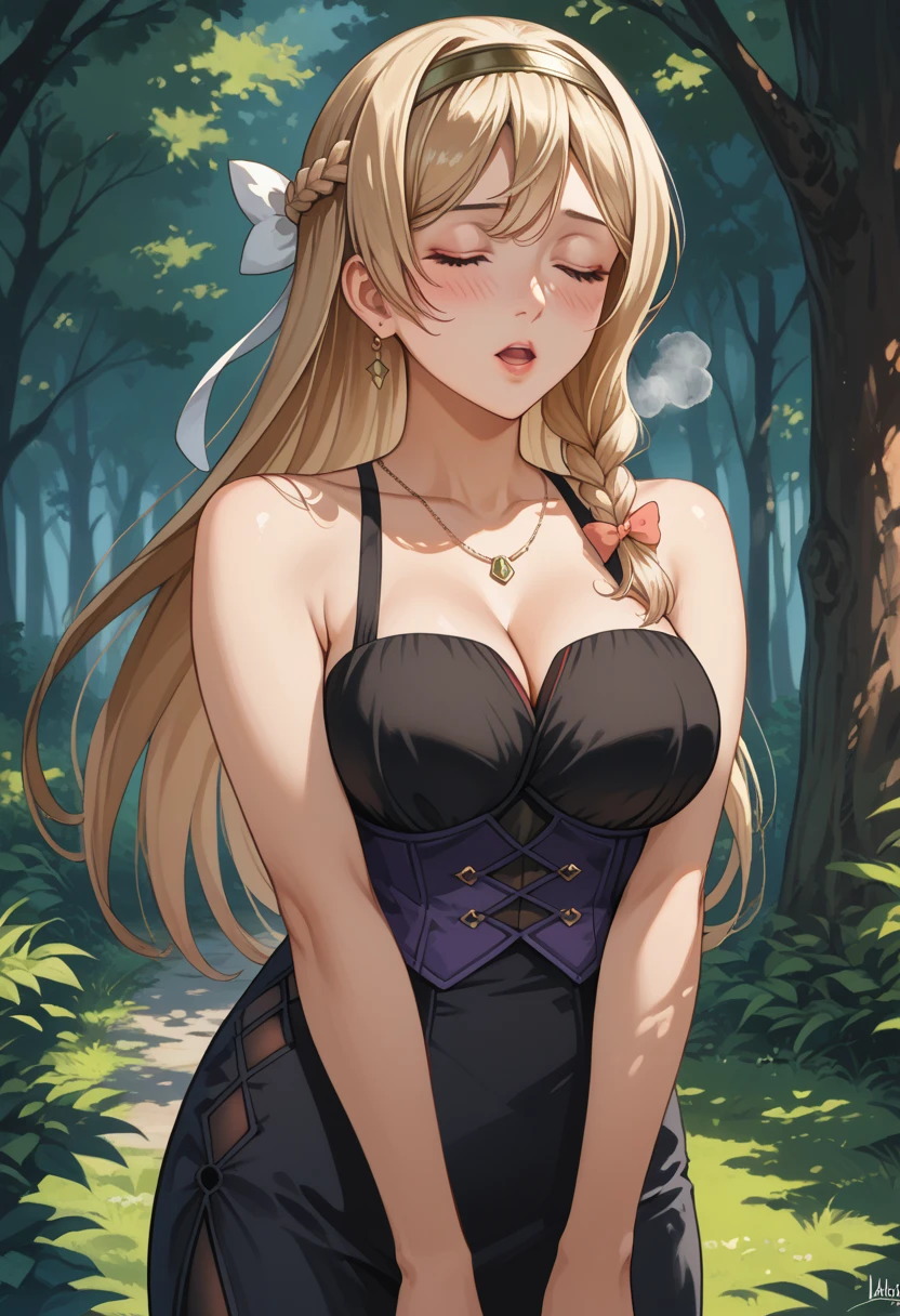(masterpiece, best quality:1.2), (extremely detailed:1.2), cynthia //(pokemon)//,blonde hair, hair covering one eye, hair ornament, <lora:cynthia_v1:0.75>, (in the forest at night)