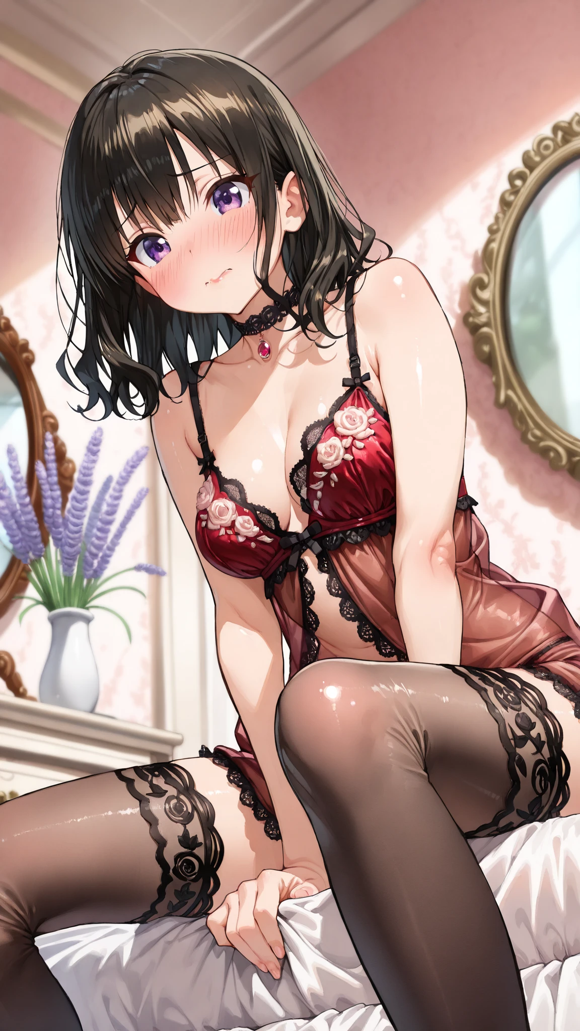 See-through, flashy black underwear　Soapland　Shy and seductive look　sexy　Sit on the mat　office lady　Japanese women　Manga illustration　Beautiful breasts　the body is slim　Highest quality　4K Chignon Hairstyle　Light brown black hair　hair ornaments　Fancy Necklace　The background is a dimly lit bathroom. Simple Background　Seductive pose　garter belt　Thin earrings　　Entertainment　