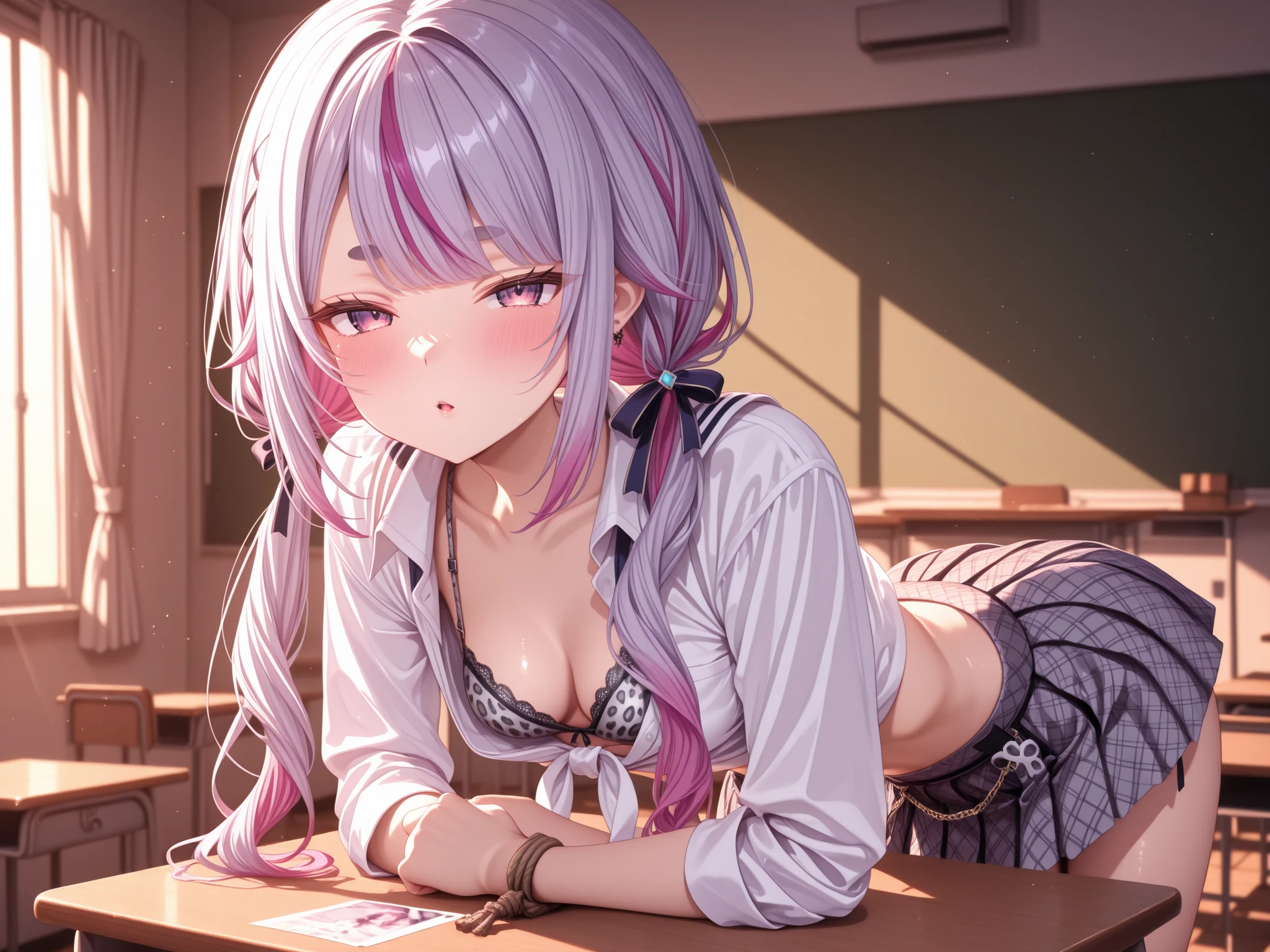 Embarrassed、She lifts her skirt to reveal light pink thong panties through which her vagina is visible.、Gray Hair、Purple Eyes、high school girl、classroom、Gray Uniform、Grey Skirt