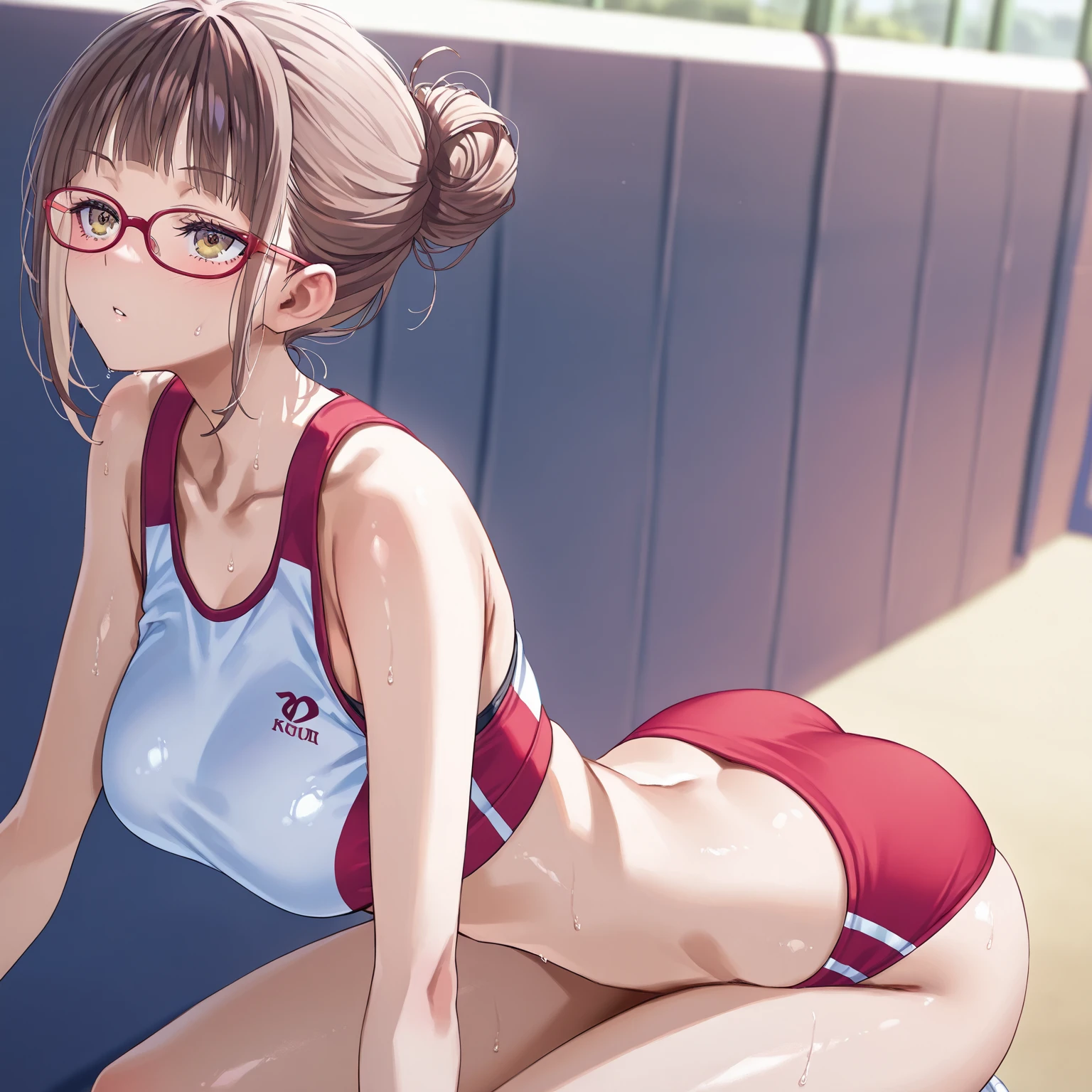 (software:1.5), (Tennis Wear、Skort)、Dark brown wavy long hair、Droopy eyes, Thick thighs, Such an ass, Liar, bed, Open crotch, Dettol, Spread your legs, Show your side, Down the Out、Tears are overflowing、Glasses、(Dynamic pose)、Untidy body、Dynamic Angles、Turning around、Big Ass、It's digging into my ass