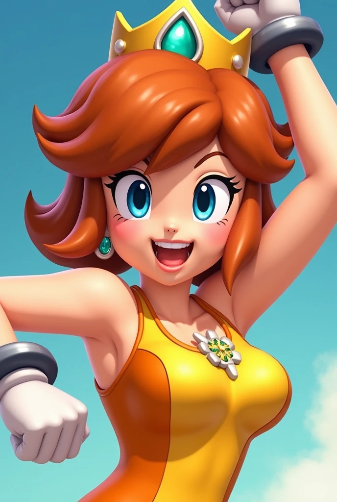 1girl, smiling and talking, tanned princess daisy, daisy /(illumination/), (wearing orange strapless bikini top and jean shorts), filmic, film grain, depth of field, blurry background, <lora:illuminationStyle_v2Epoch3:0.6> <lora:princessDaisyCharacter_v10:0.7>