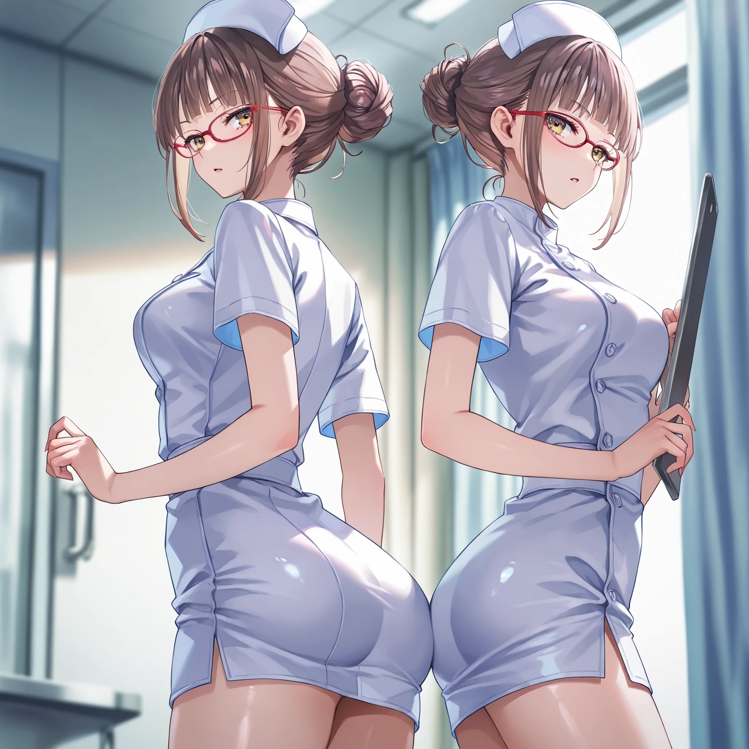 rural hospital patient fucks his light brunette nurse (dressed in pale pink) breaking her ass; her ass bleeds due to the thickness of his cock (there is blood in the woman's ass); the nurse has expressions of pleasure and pain; the nurse shows her big breasts; The nurse is in the doggy position; The nurse's ass bleeds because of the thickness and size of the cock; there is semen dripping from the nurse's ass; highly detailed image, cinematic creation, intrinsic details, high definition,