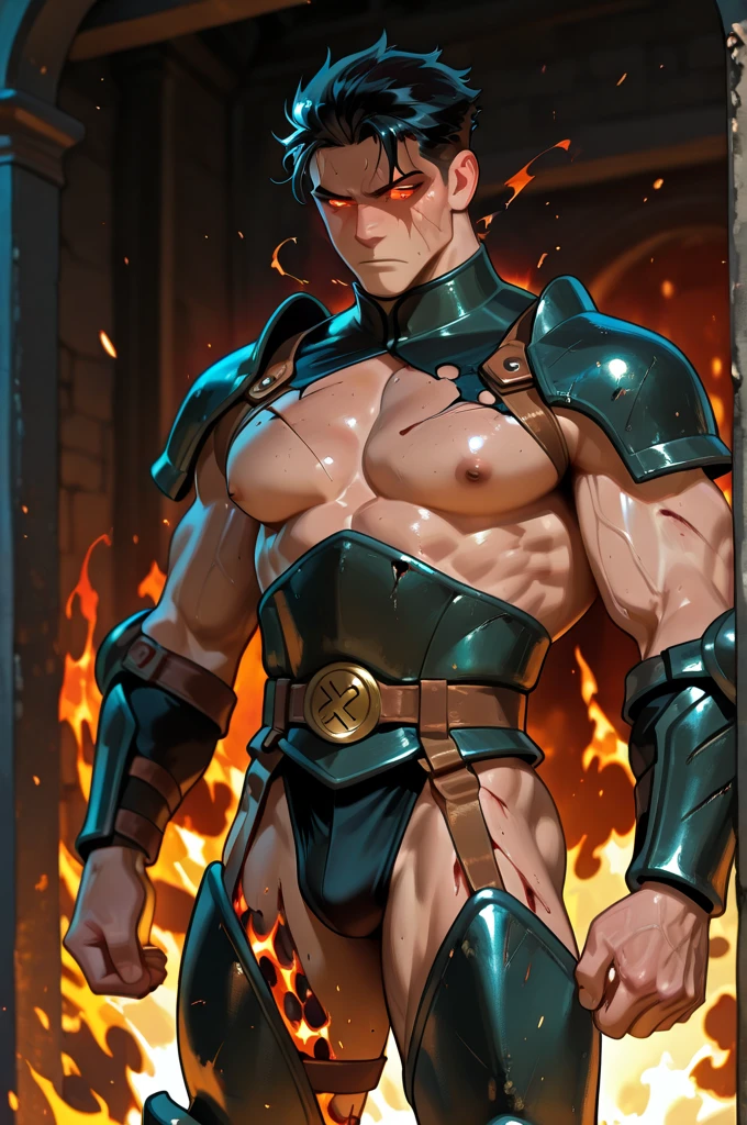 realist, masterpiece, intricate details, detailed background, depth of field, muscular, Photo of a handsome Latin magician, 30 years, (short brown hair), Voluptuous crotch, fire spell, magician, He wears a long cape, red and white coat, Sexy muscular, wearing thong, Chest focus, incendiary.