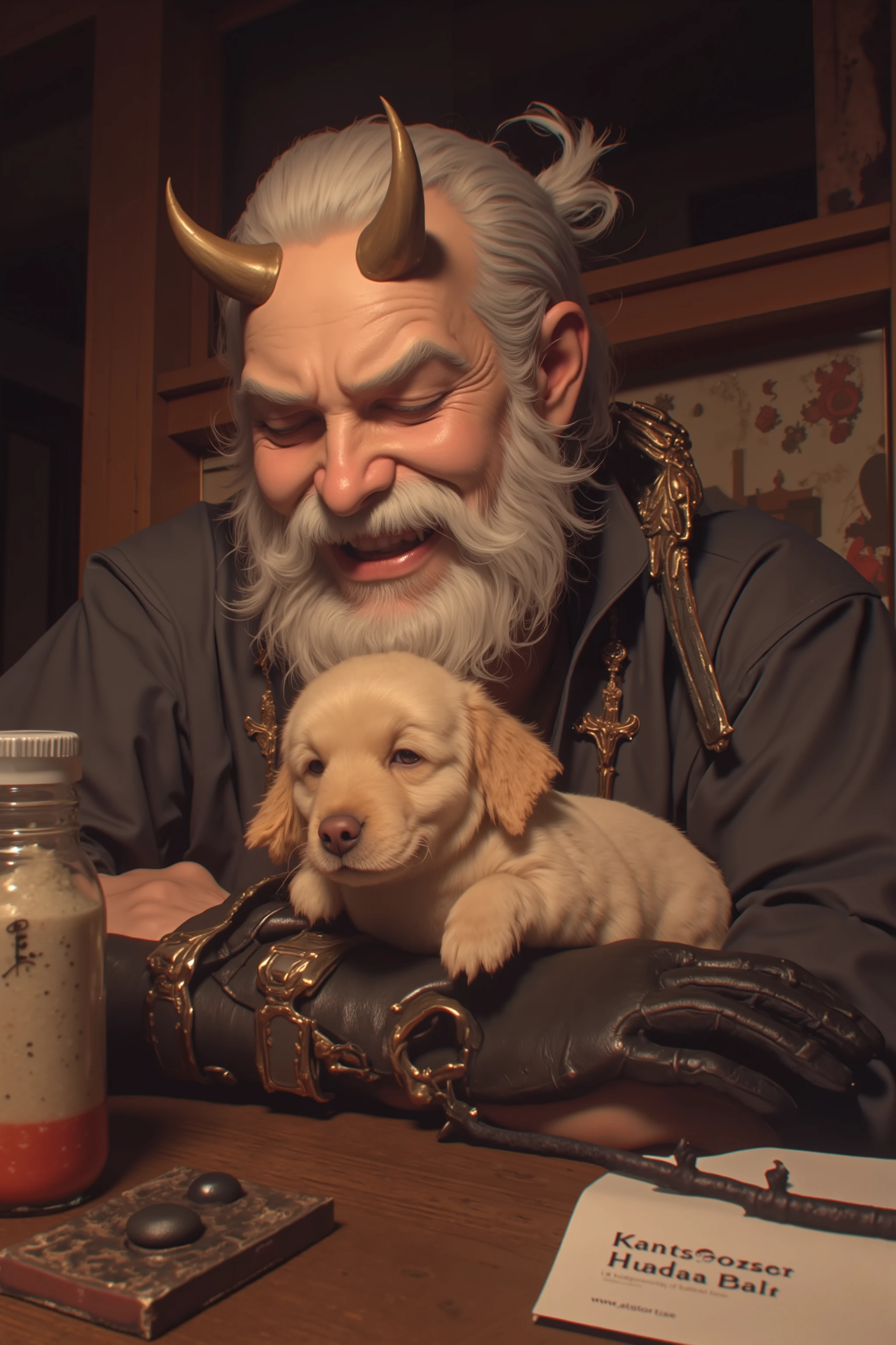 bossの愛らしいペット。権力を持つbossが、a scene where he dotes on an unexpectedly cute, small, and curious pet。his gentle expression and gentle hug、bossの威圧的な外見とペットの愛らしさのコントラストを生み出しています。boss:the bearded old man with horns on his forehead、Big Smiles。High Quality、real、Delicate texture、 gorgeous indoor space 、soft lighting、delicate texture、Warm Colors、masterpiece、super high resolution、Photographer style、exquisite details、hkwarrior