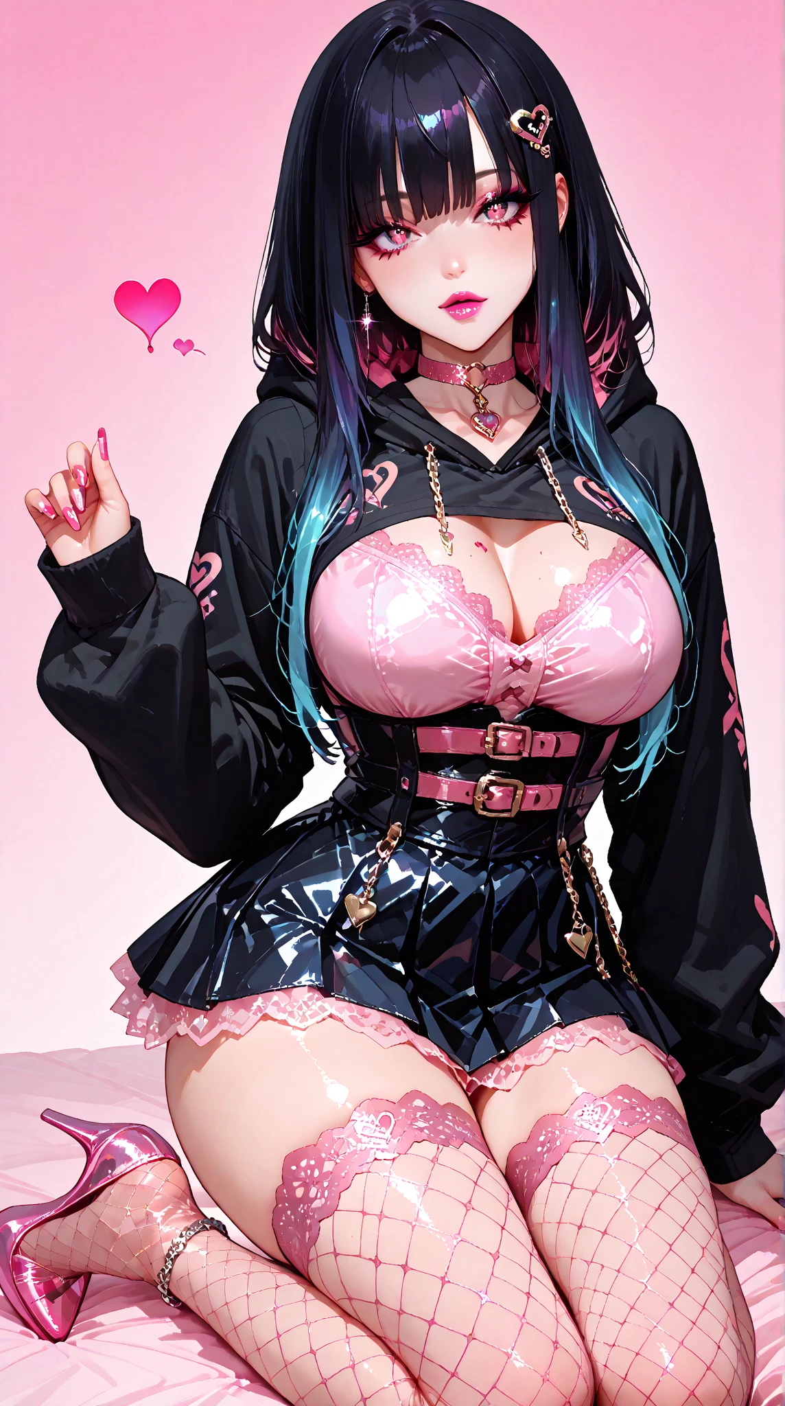 1girl, solo, Elf, (black hair:1.4), (dreadlocks), (green eyes), narrow shoulders, , shortstack, (blush:1.6), freckles, (wide hips), (thick thighs), (slim waist), (midriff), (parted lips), (seductive smile), (heart choker:1.4), (crop top), (short shorts), (cleavage), (skindentation:1.2), (monocolored skin), (brown skin), (melanin), (gigantic_breasts), AddXL, (huge thick lips),
