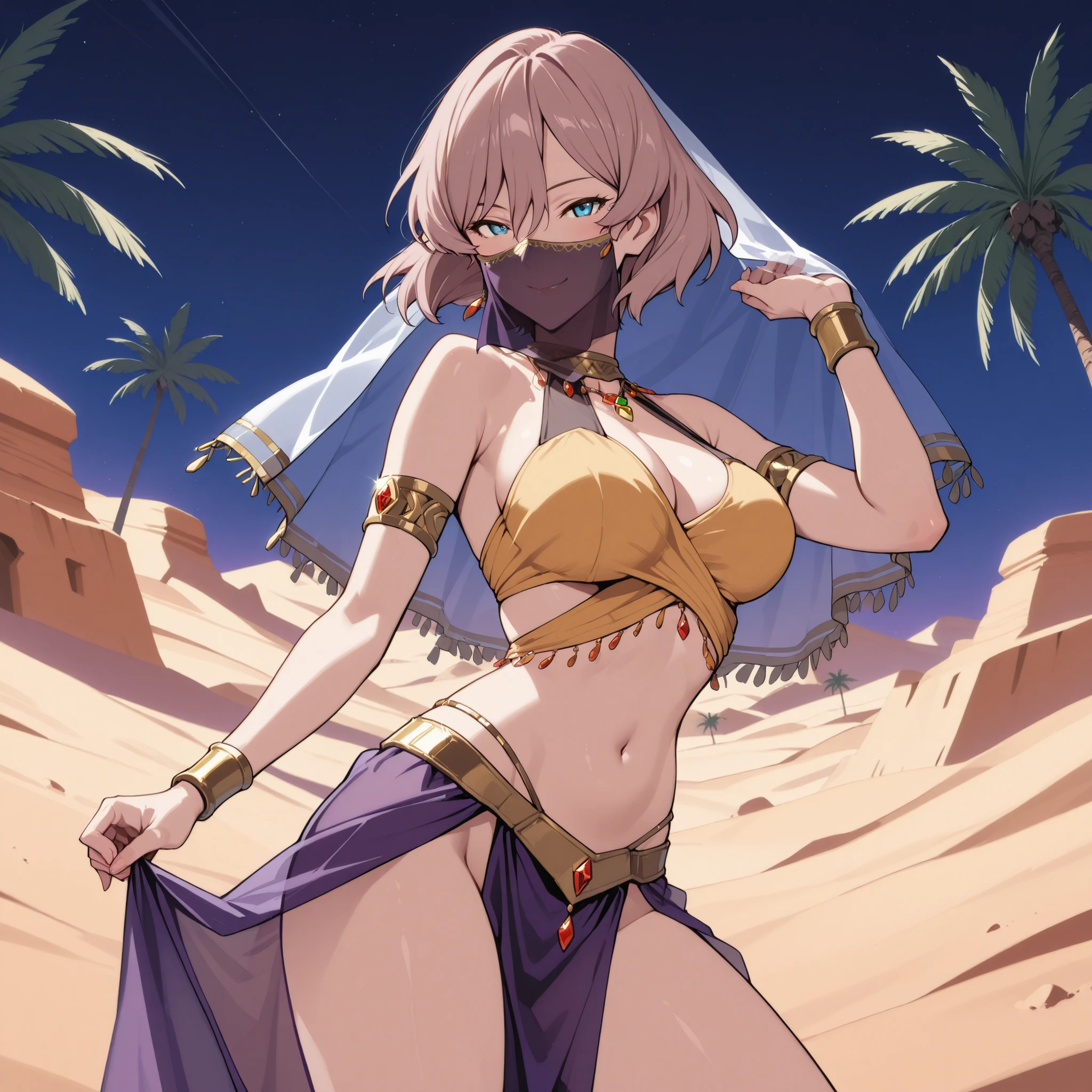 ((kinako (shiratama mochi) style)), mari\(blue_archive\), colorful eyes, soft style, masterpiece, solo, 1 girl, topless, large nipples, nipples, white sarong, harem outfit, semi transparent sarong, loincloth, beautiful art, vibrant, flat chests, desert, tent, orange hair, dancing, animal ears, different poses, narrow waist, slender legs, hairband, jewely, necklace, bracelet, ((white mouth veil)), veil, headdress, navel, thigh strap, abstract, night, moonlight, light hair, waist pouch, blue eyes, high angle shot, top view, black eyeliner, sparkling, winking, side view, arched back, flexible body, serene face, soft eyes, relaxed, calm, smiling, bonfire, enchanted, thin, ribcage, arabia, halo, city lights in horizon