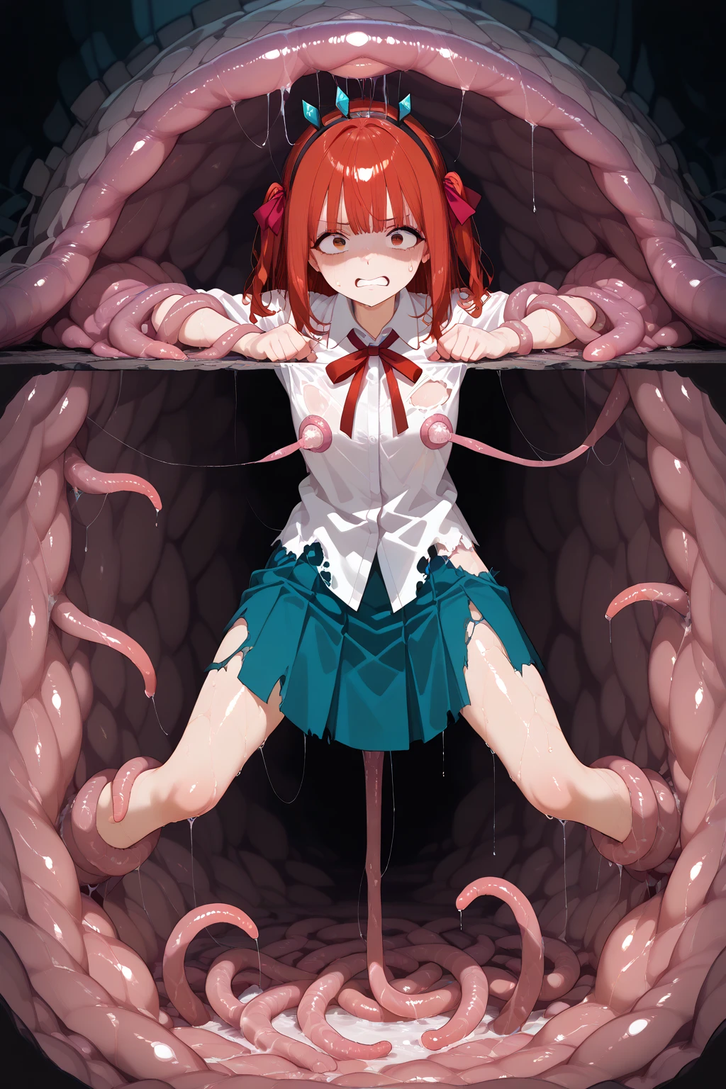 best quality, masterpiece, high quality, insanely detailed, nsfw, ituki nakano, pantyhose, nipple, pussy, love juice, orgasm, breasts, habit, tentacle sex, tentacles, ahegao, blush, suspension, bukkake, naked, nude