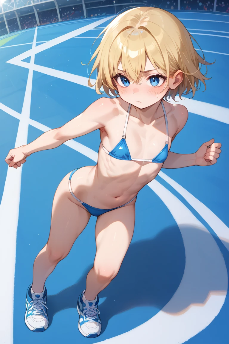 (((masterpiece))), ((highest quality)), ((Very detailed)), ((High resolution)), ((8k)), ((Anatomically correct)), ((The correct number of fingers)), One Woman, Kagamine Rin, Vocaloid, Blonde Hair, short hair, (White ribbon on head), Short, Very cute woman, delicate, Charming smile, Blue eyes, Bright Eyes, Best moment, Vivid eyes, Beautiful Skin, Cute face, delicateな腕, Detailed skin texture, Intricate details, Very detailedな顔, Beautiful Eyes, Beautiful curves, View your viewers, Beautiful thighs, Red frilly bikini, Pool, Sweat, Model standing, upright, Beautiful standing posture, The sun is reflected in the background, The audience is looking down,