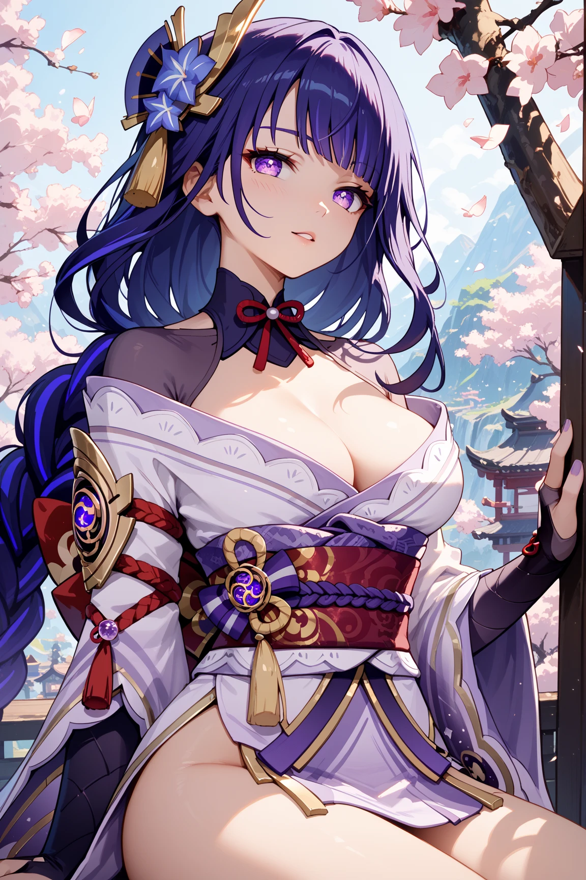 ((Upper body image:1.4))Japanese Shrines, (Highest quality，Realistic,masterpiece:1.2，8k wallpaper:1.2)，((Pale skin))，One Girl，women only，((raidenshogndef))((Genshin Impact，General Raiden))，Lightning Particles，Purple Lightning，Light background，cherry blossoms，Purple Theme，Delicate facial features，Sexy and beautiful anime girls，General Raiden，Long purple hair，Rosy lips，Anime Mouth，large breasts, Beautiful cleavage,Slender figure、Thin legs
