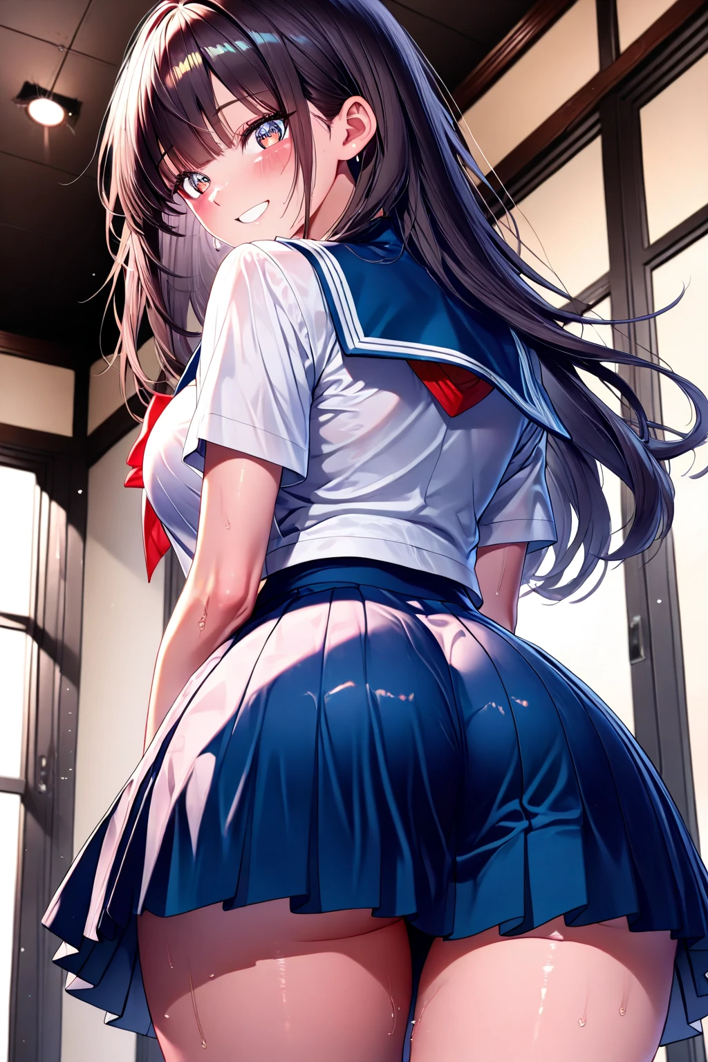 high school girl、beautiful girl、Black Hair、Big breasted body type、Big Hips、Wet white panties、From behind、Sailor-style 、Roll up your navy blue pleated skirt、Flushed Cheekoist eyes、Shy expression、The veranda on a rainy day、Erotic atmosphere、Immoral scene、Sensual scene、Wet Hair、Wet Skin、Wet clothes、