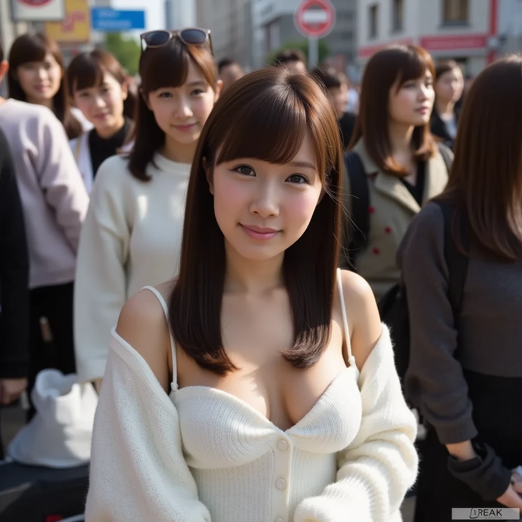 Highly detailed CG Unity 8k wallpaper, highest quality, Super detailed, masterpiece, realistic, photo realistic, Highly detailed cute girl, 20-year-old,, blush, parted lips, looking at the viewer , shoulder sweater、(((Lower body naked)))、half body shot , Japan、(crowd), (crowded city) , Braiding short hair ,(low angle shot),(((pussy)))