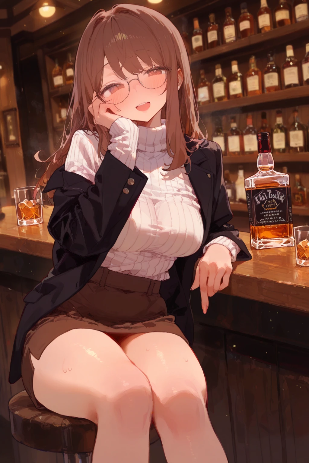 1 girl,Sitting in the bar , Breast grabbed,Spread your legs,soft light,show tits,show pussy,cum on the body,nude