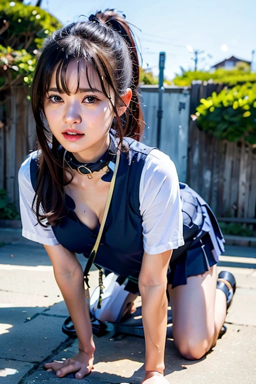 (1 lady), (Best quality at best:1.4), (ultra - detailed), (extremely detailed CG unified 16k), A Beautiful Woman with Perfect Figure: 1.4, Sharp Focus: 1.2, very detailed, High-definition RAW color photo, professional photoshooting, amazing face and eyes, cosmetics, (amazingly beautiful girl), ((suzumiya haruhi)), ((kita high sch0ol uniform, blue sailor collar, blue skirt, armband, hairband, medium hair, ribbon, socks)), standing posture, (look from down), realistic cinematic face, head to feet long wide zoomed out view, full body long view, photorealistic, ((realistic natural caramel brown hair style, brown eyes)), gorgeous, extremely beautiful face, perfect model beauty, pout mouth, Highly Detailed Face and Skin Texture, Detailed Eyes, Double Eyelids, Medium Breasts, joy expression, joyful face, cleavages, western, (masterpiece), best quality, high resolution, extremely detailed, depth of field, cinematic lighting, amazing legs, high heels, clear and well-cared skin, (background: nature, tree, park)