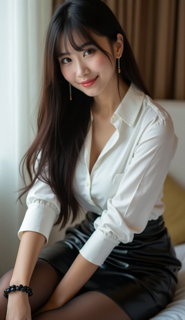 ((Beautiful girl:1.3)) ((school uniform:1.5)) (((smile:1.2)) ((Medium sized breasts:1.2)) ((close:1.3)) highest quality,masterpiece,Ultra-high resolution,(Realistic:1.4),RAW Photos,(Real skin texture:1.3),(Film Grain:1.3),Panorama,Character Portrait,Very wide shot,Tight waist,Cowboy Shot,(In the Dark, Deep Shadow, Modest, Cold Light,) night,(()),Tears flow,,Dust,Tyndall effect,(Performance),,Beautiful and detailed eyes and face,White Jabot,Brown eyes,((Long straight hair_Hair reaching down to the waist:1.2)) ((whole body:1.3))((Gold Necklace＿Large earrings:1.2)),((A shy smile:1.3)), ((in the stylish office at night:1.4))((sitting in the office and working at the desk:1.4))((Wearing white crisp shirt_long see-through sleeves:1.3)),((mini irregular hem skirt:1.2)),((Place your left hand gently on your chin:1.3)) ((On the open terrace of the cafe, blurred background:1.3)),
